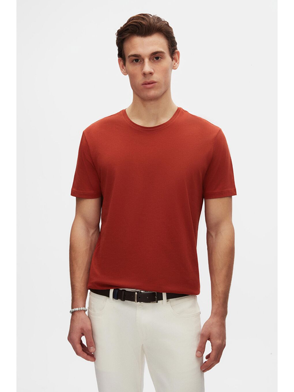 Kahverengi Oversize Kiremit Bisiklet Yaka %100 Pamuk Tişört-5