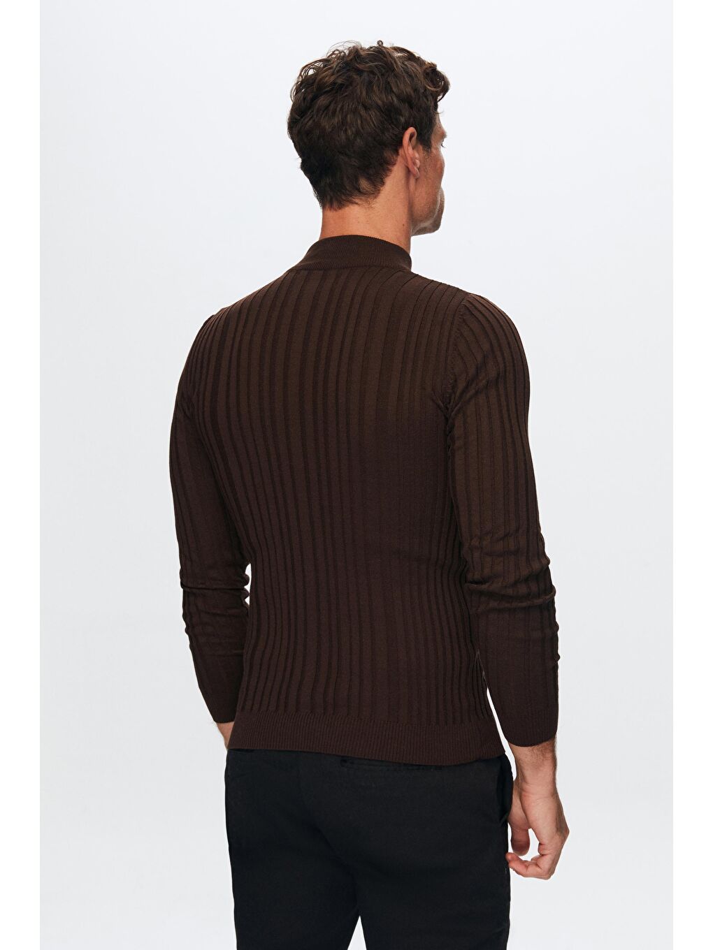 Slim Fit Kahverengi Fitilli Fitilli Pamuk Yarım Balıkçı Triko Kazak-2