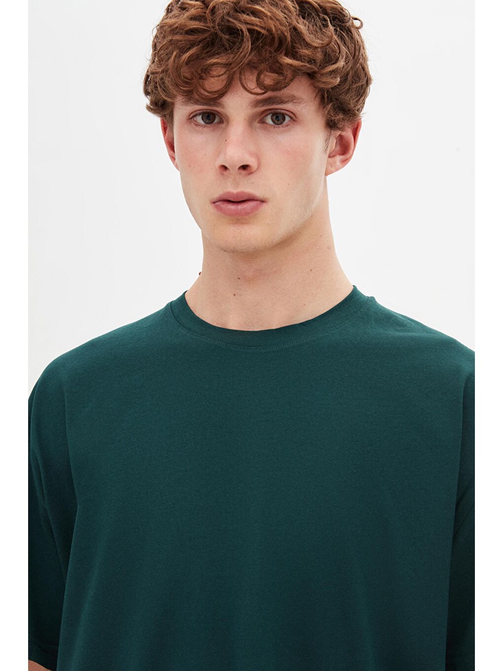 Oversize Koyu Haki Bisiklet Yaka %100 Pamuk Tişört-1