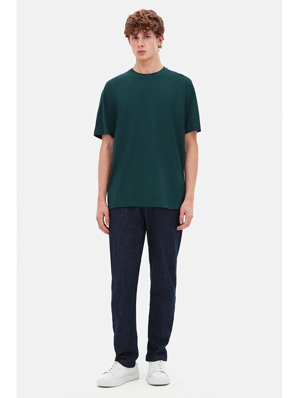 Oversize Koyu Haki Bisiklet Yaka %100 Pamuk Tişört-3