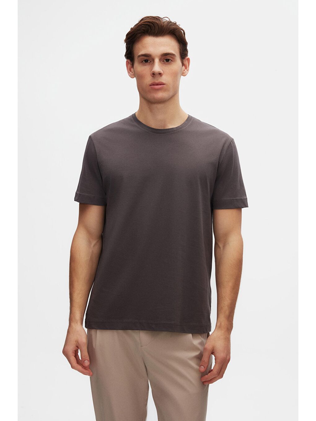 Oversize Antrasit Bisiklet Yaka %100 Pamuk Tişört