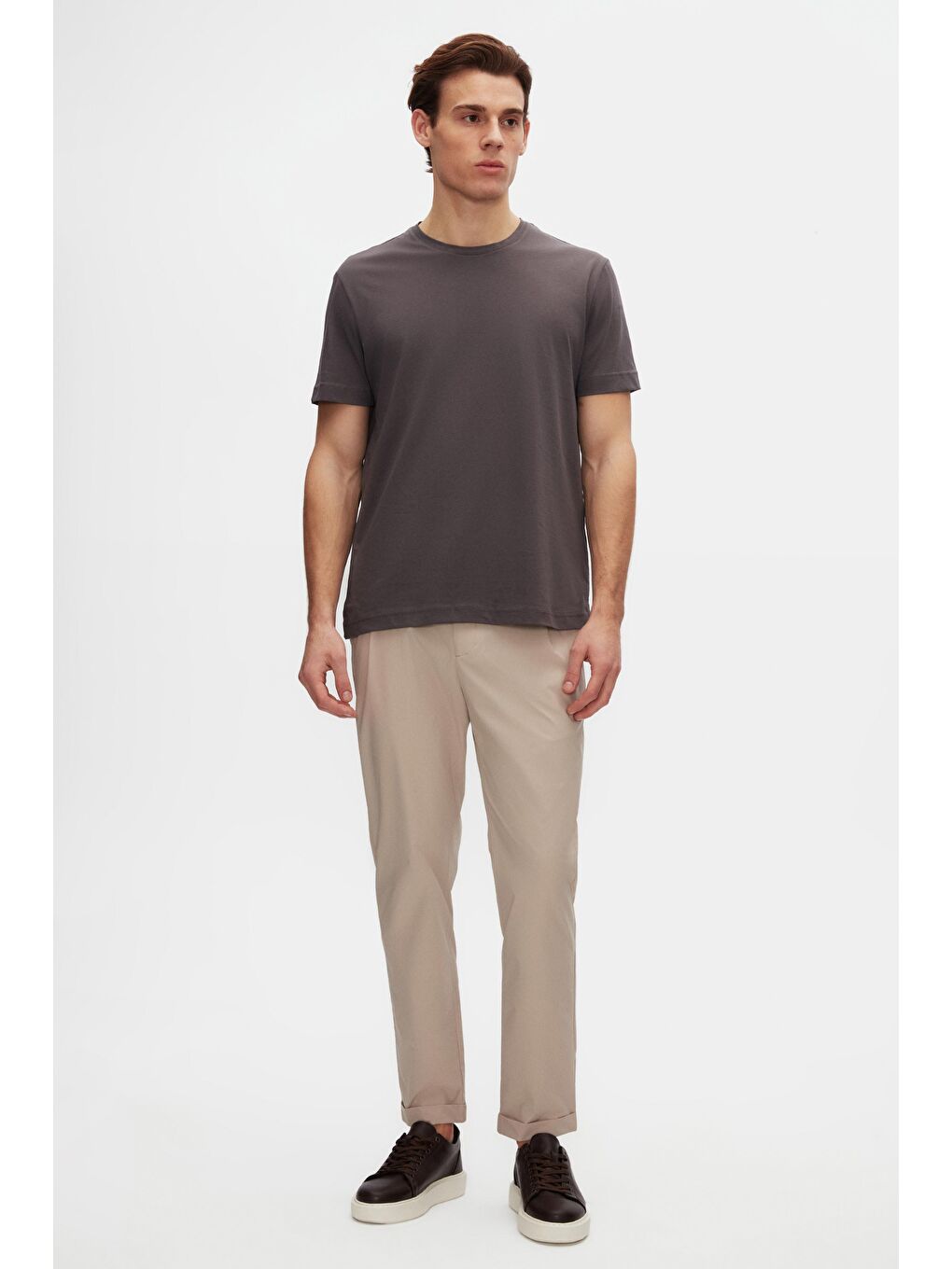 Oversize Antrasit Bisiklet Yaka %100 Pamuk Tişört-3