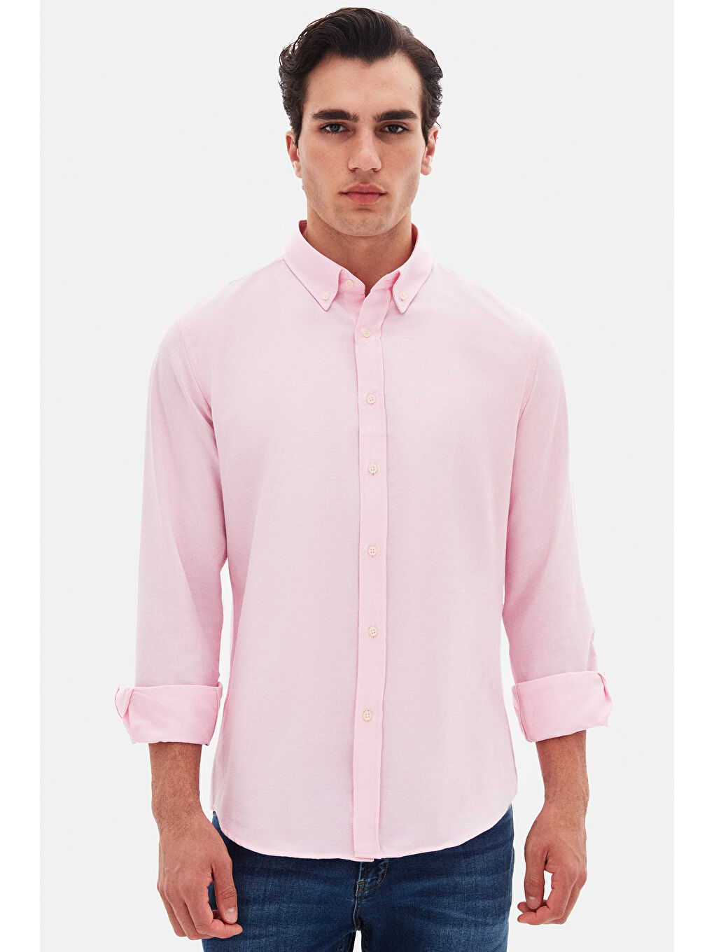 Slim Fit Pembe Armürlü Düğmeli Yaka Pamuklu Gömlek