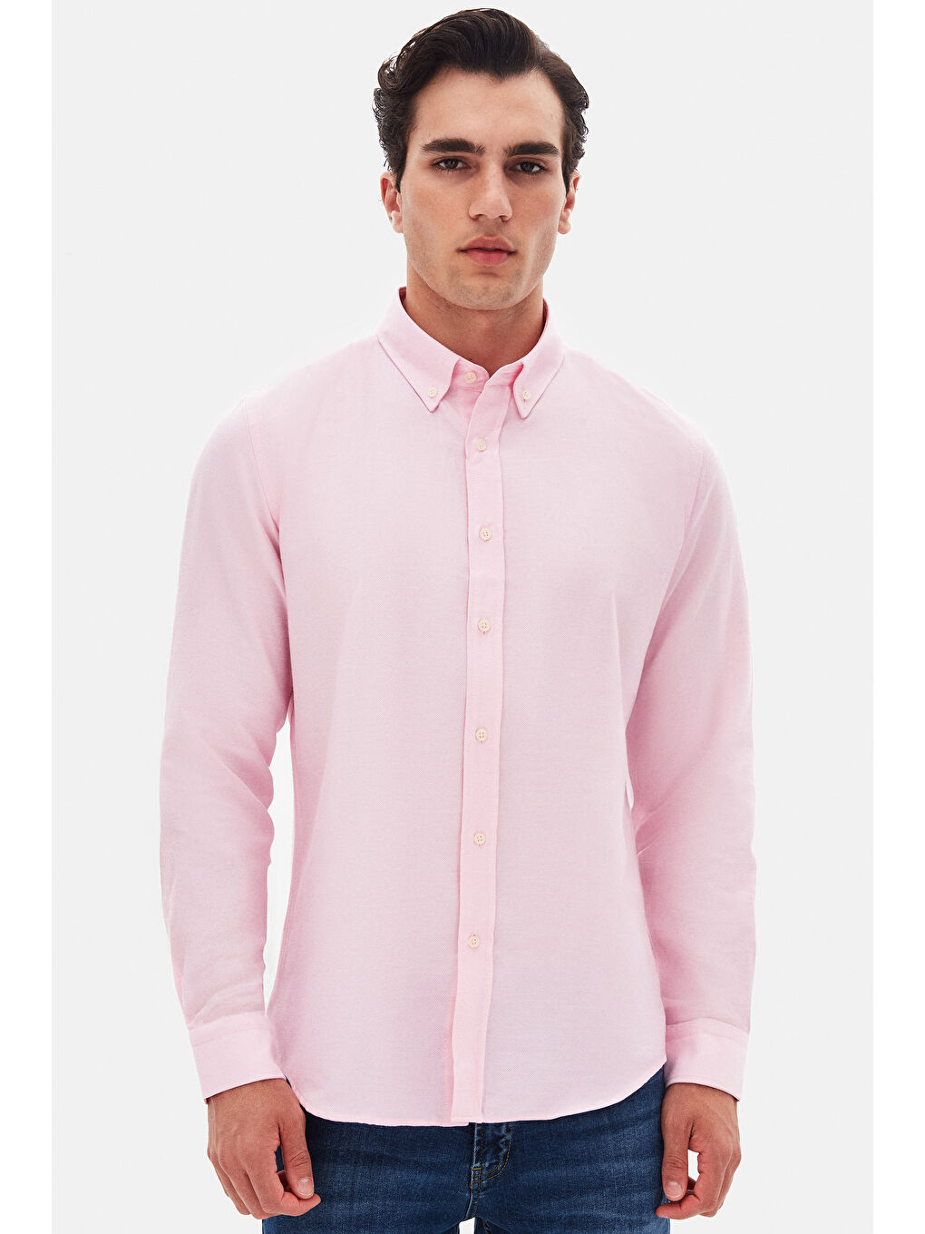 Slim Fit Pembe Armürlü Düğmeli Yaka Pamuklu Gömlek-1