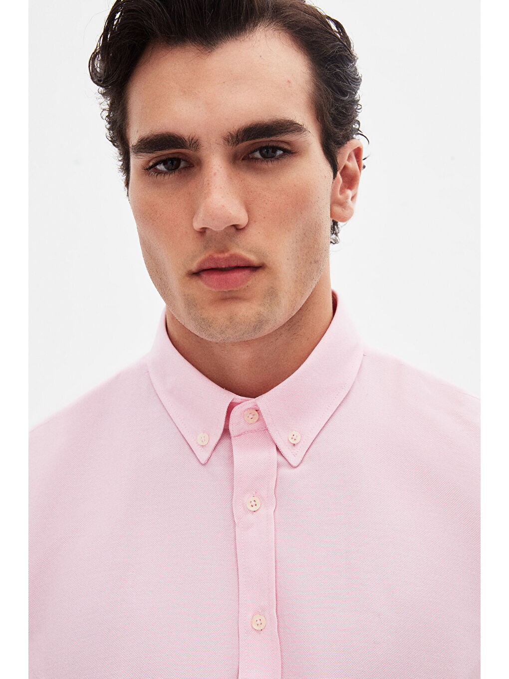Slim Fit Pembe Armürlü Düğmeli Yaka Pamuklu Gömlek-2