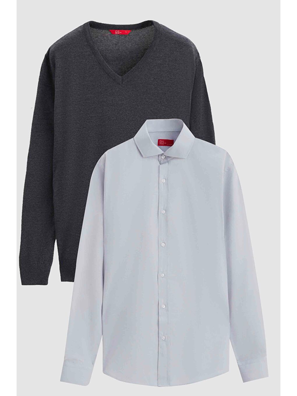 Slim Fit Antrasit Pamuk Karışımlı 2'Li V Yaka Triko Ve Gömlek