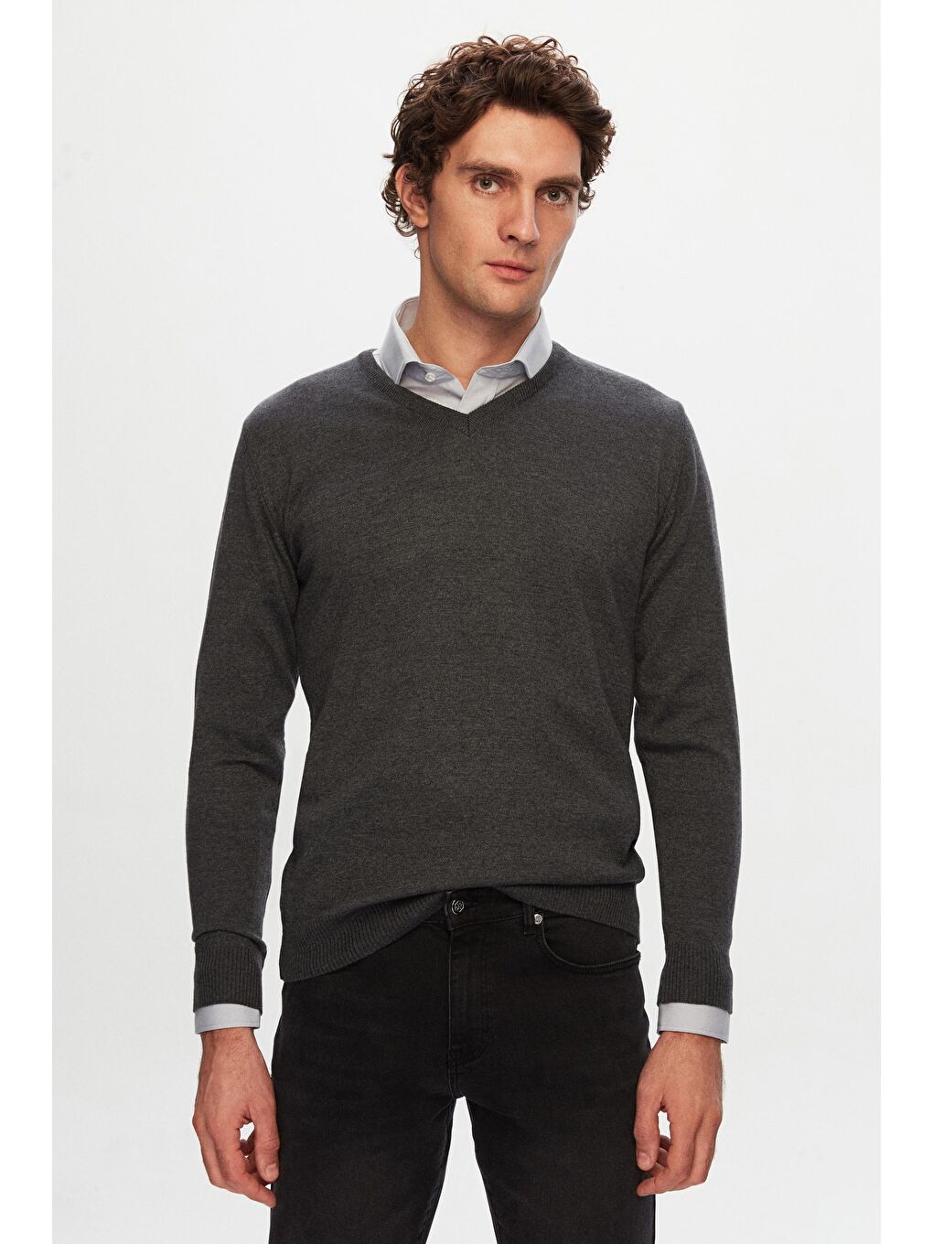 Slim Fit Antrasit Pamuk Karışımlı 2'Li V Yaka Triko Ve Gömlek-1