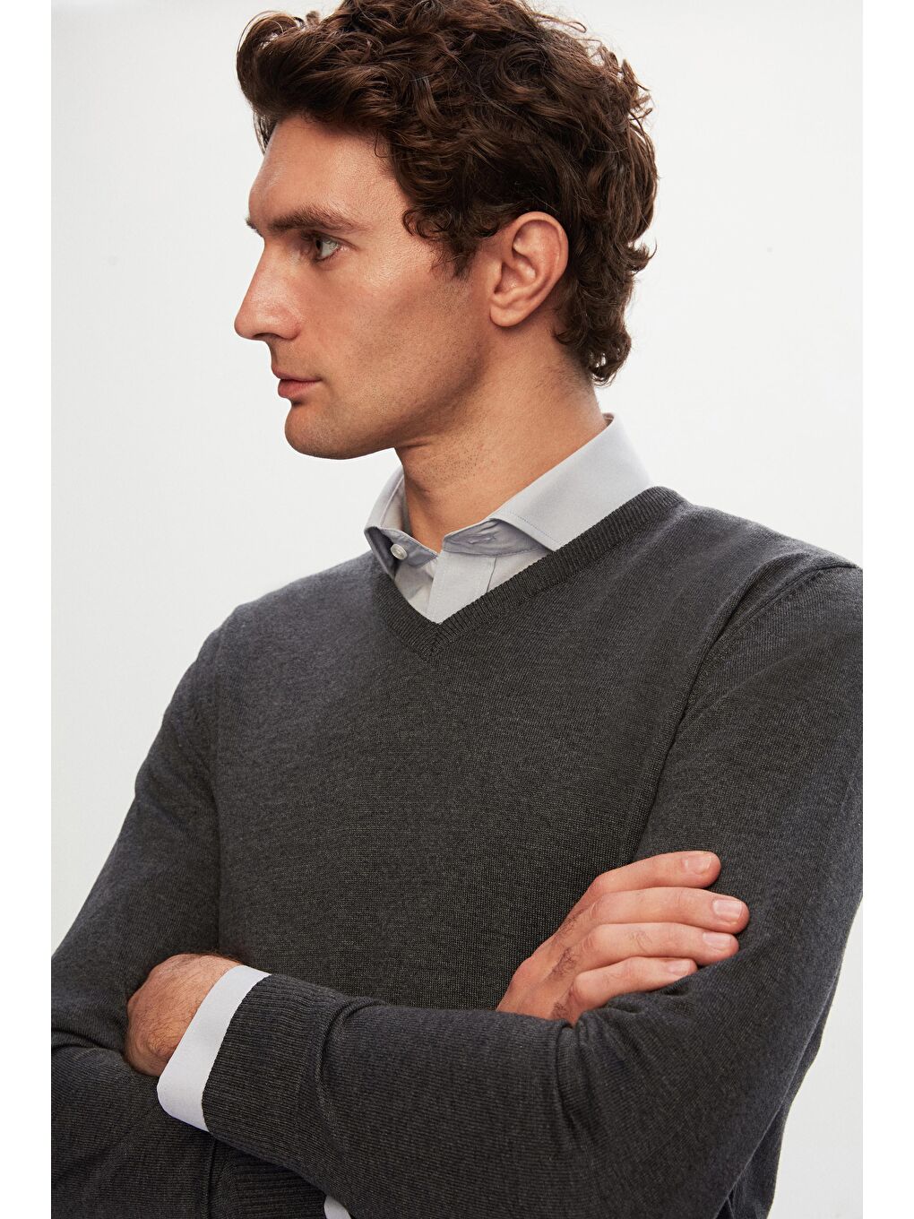 Slim Fit Antrasit Pamuk Karışımlı 2'Li V Yaka Triko Ve Gömlek-2