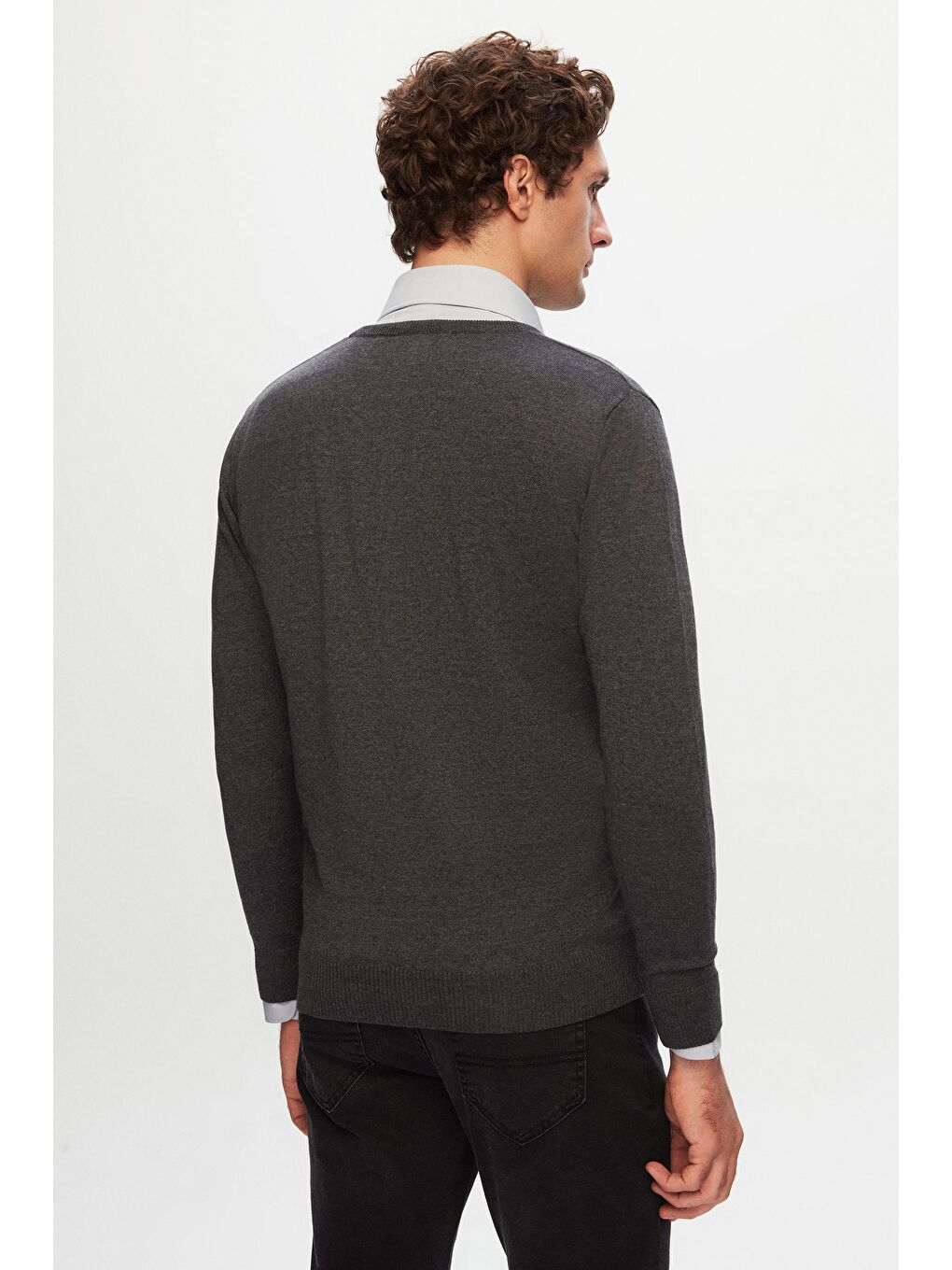 Slim Fit Antrasit Pamuk Karışımlı 2'Li V Yaka Triko Ve Gömlek-3