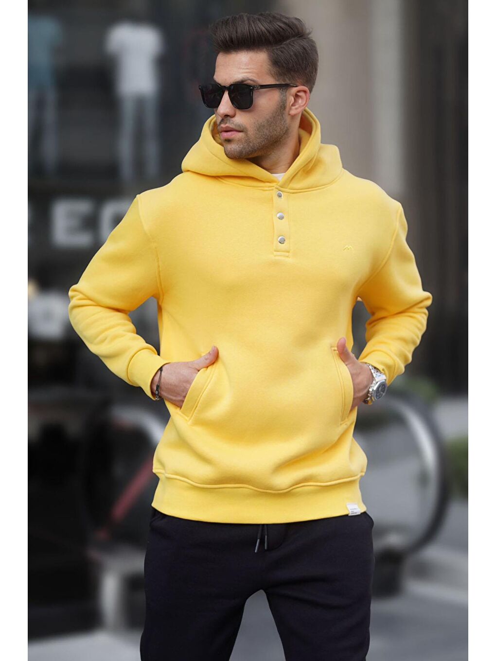 Sarı Kapüşonlu Düğme Detaylı Sweatshirt 6150