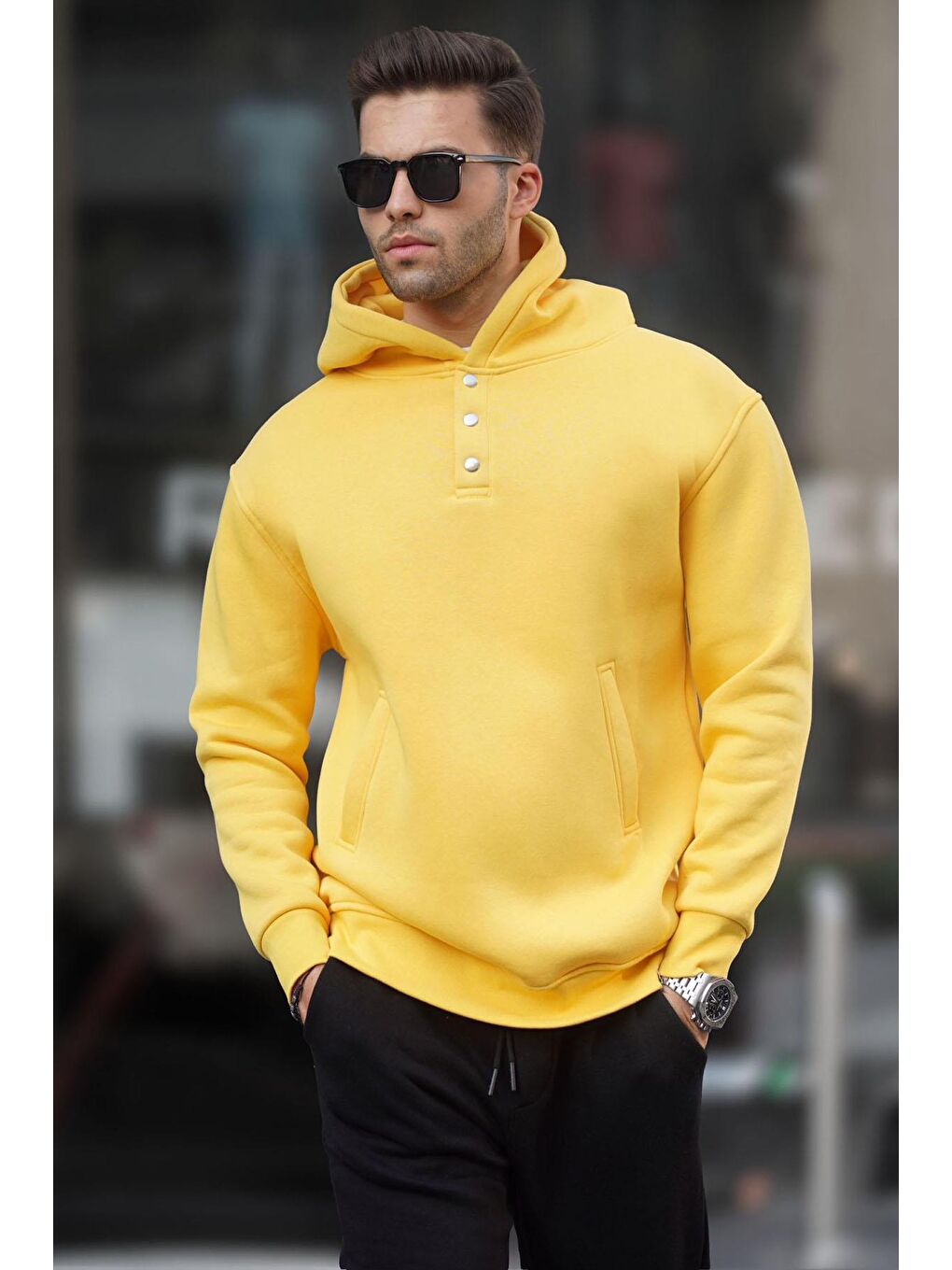 Sarı Kapüşonlu Düğme Detaylı Sweatshirt 6150-1