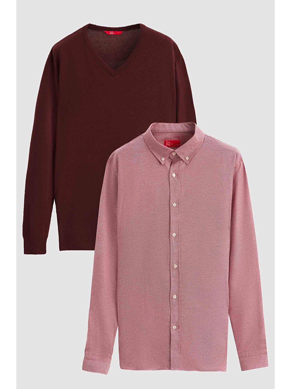 Slim Fit Bordo Pamuk Karışımlı 2'Li V Yaka Triko Ve Gömlek
