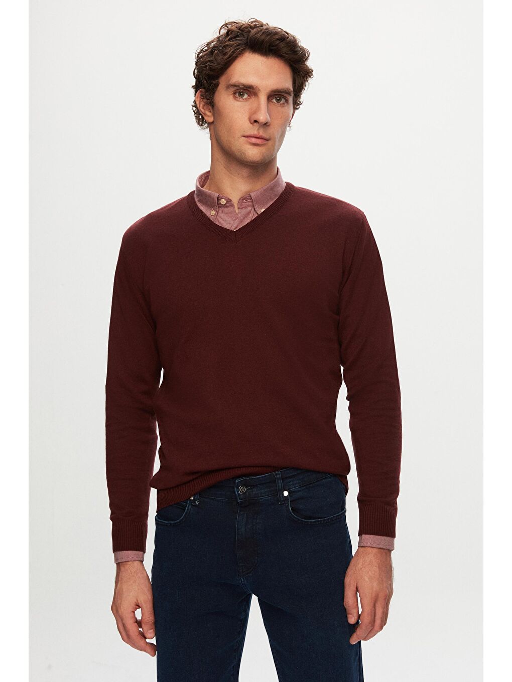 Slim Fit Bordo Pamuk Karışımlı 2'Li V Yaka Triko Ve Gömlek-1