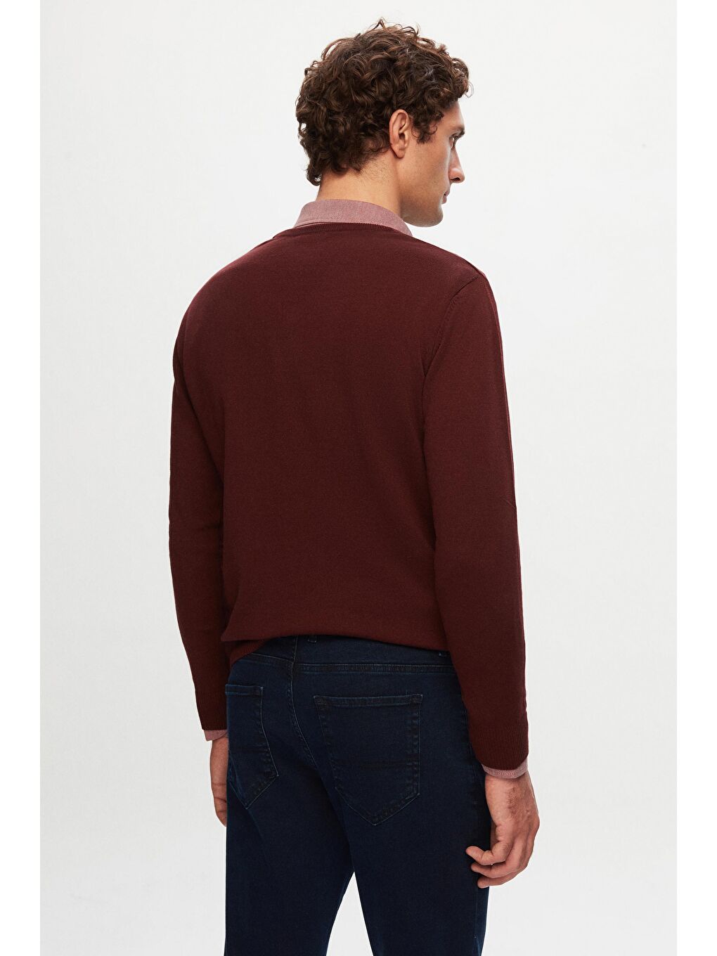 Slim Fit Bordo Pamuk Karışımlı 2'Li V Yaka Triko Ve Gömlek-2