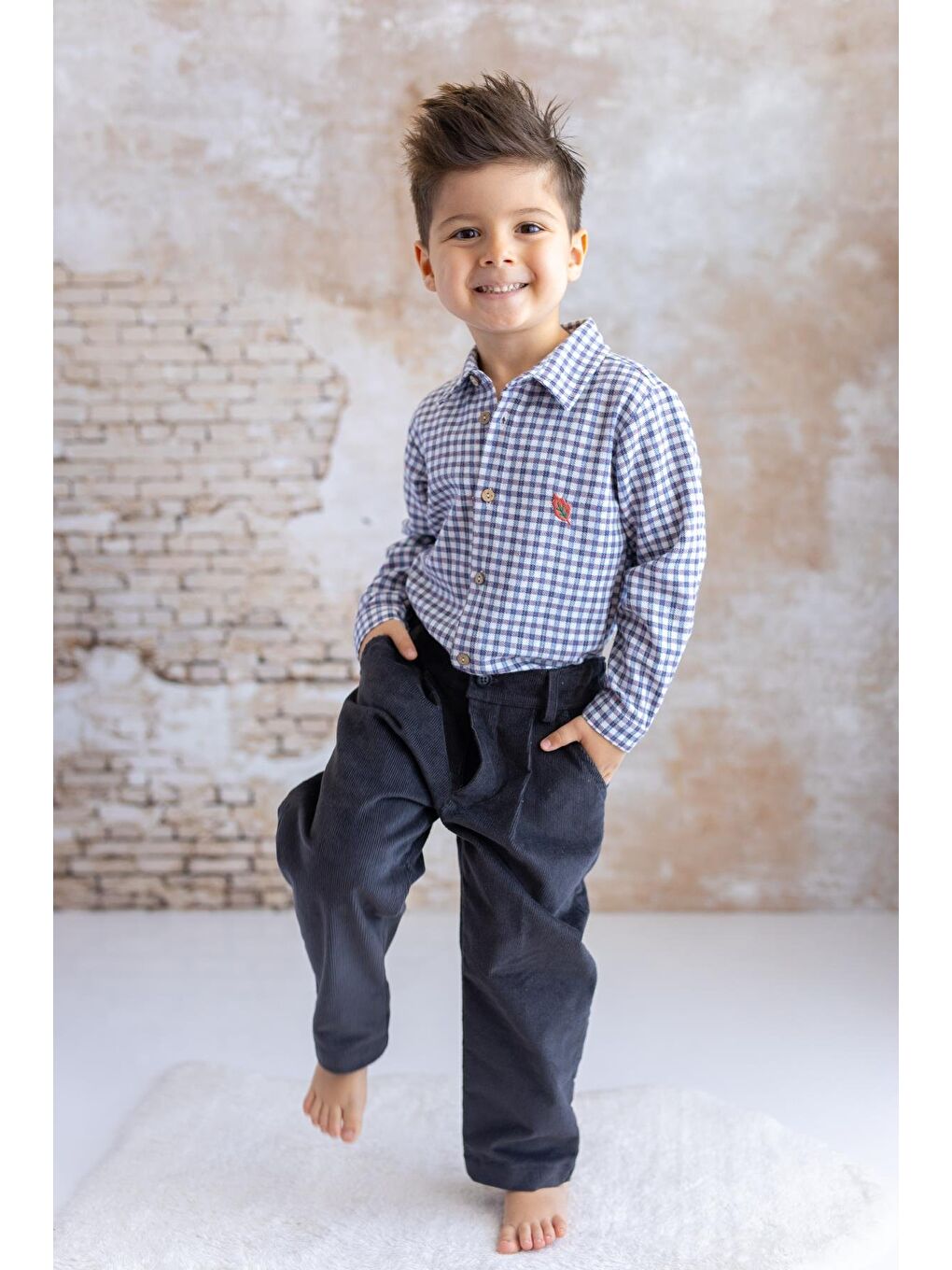 Erkek Çocuk Kareli Gömlek - Mavi Ekose-1