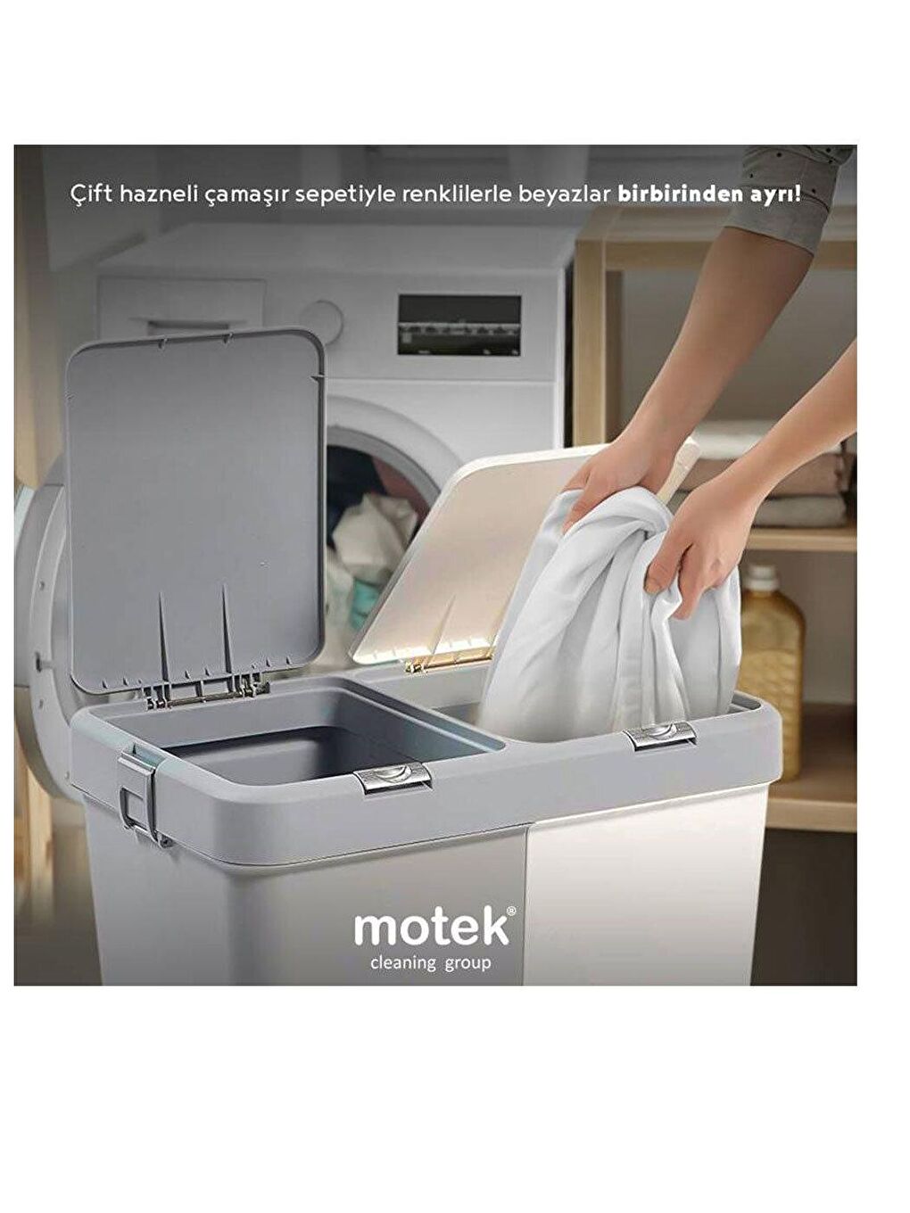 Motek Beyaz Duo Dokunmatik Laundry Çamaşır Sepeti 80 Litre - 4