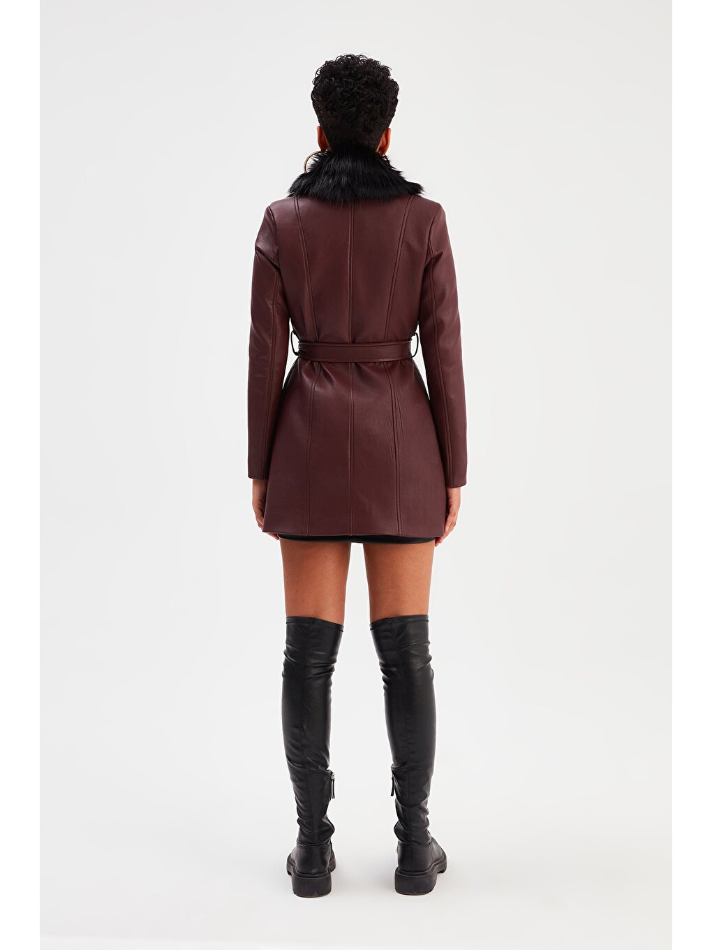 Kürk Detaylı Deri Ceket - Bordo-7