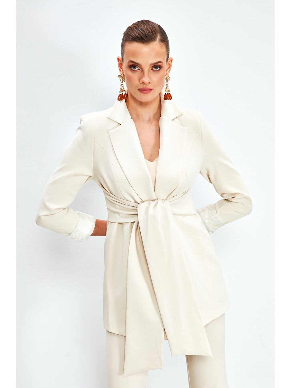 Bej Bel Bağlamalı Uzun Ceket - Taş-2