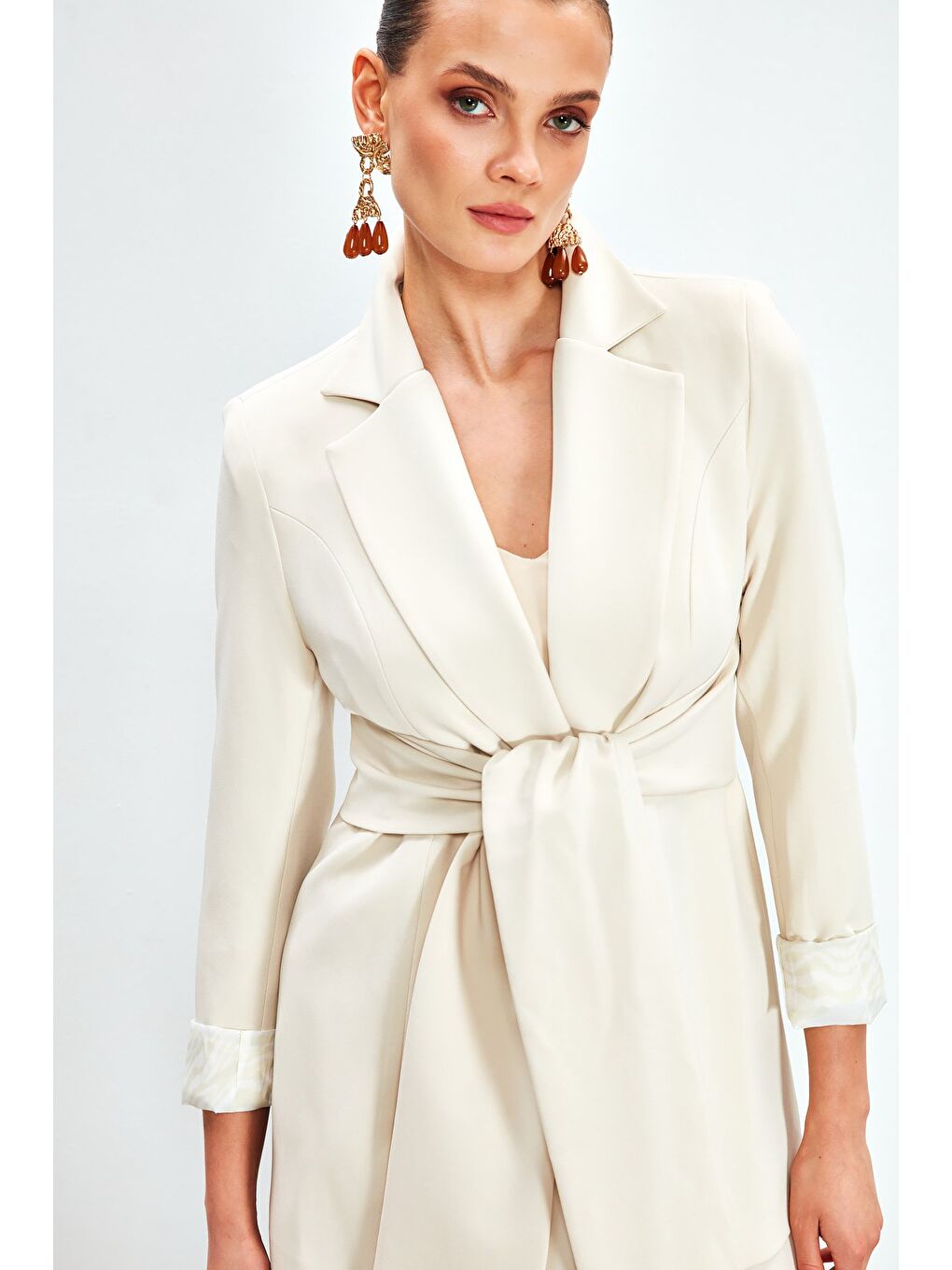 Bej Bel Bağlamalı Uzun Ceket - Taş-3