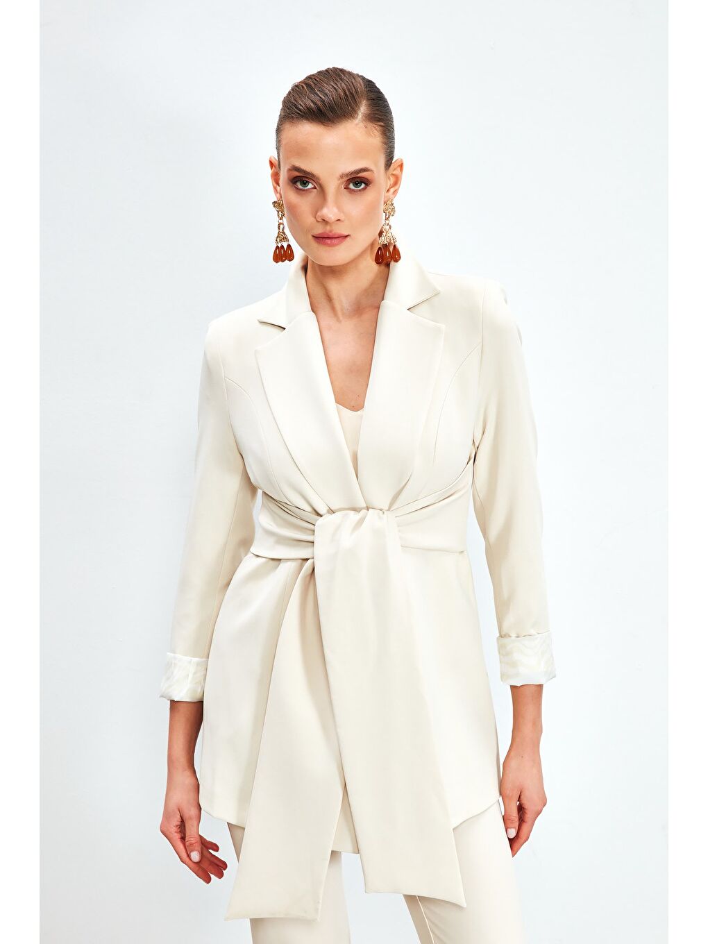 Bej Bel Bağlamalı Uzun Ceket - Taş-4