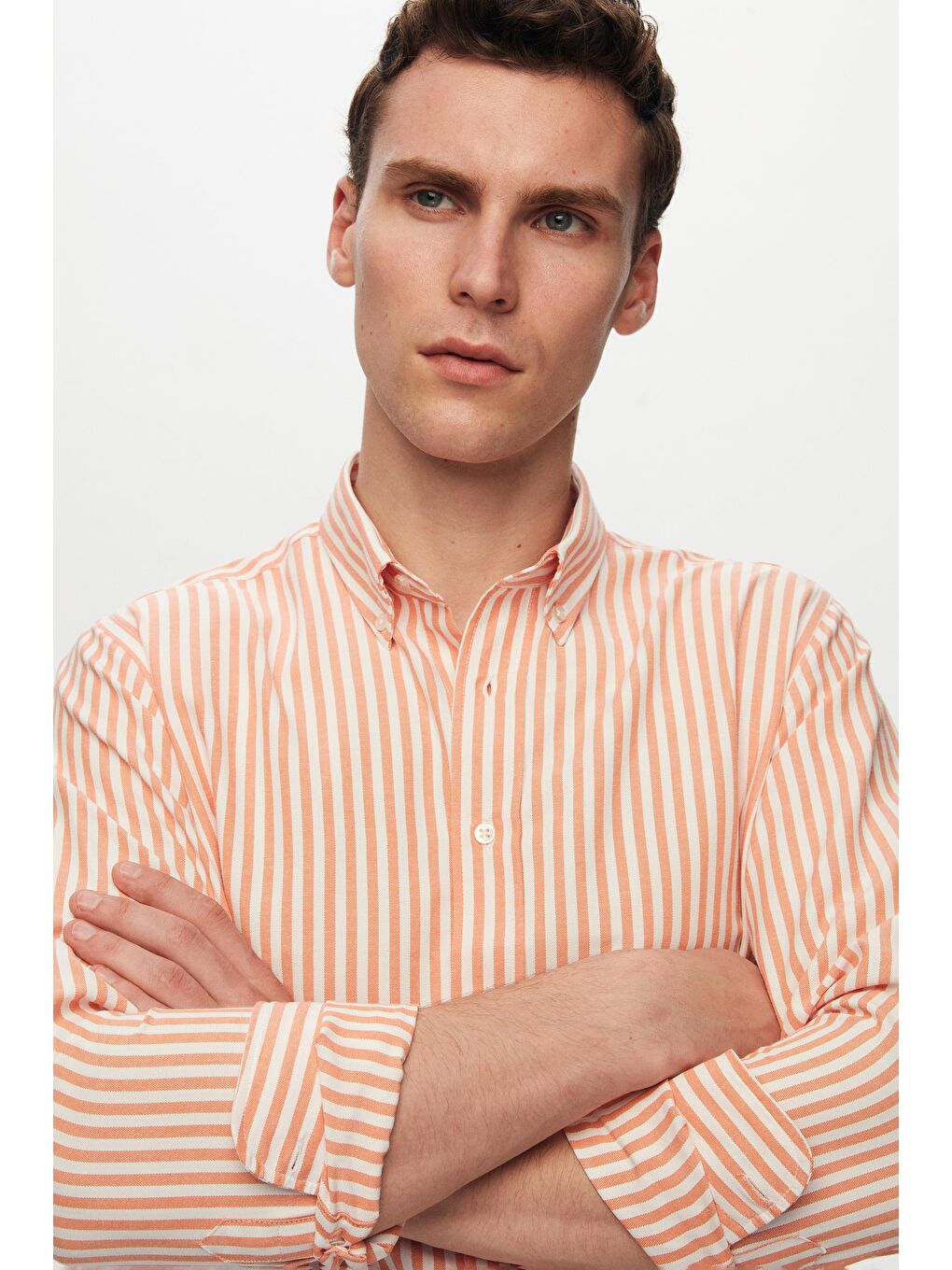 Slim Fit Turuncu Çizgili Gömlek-2