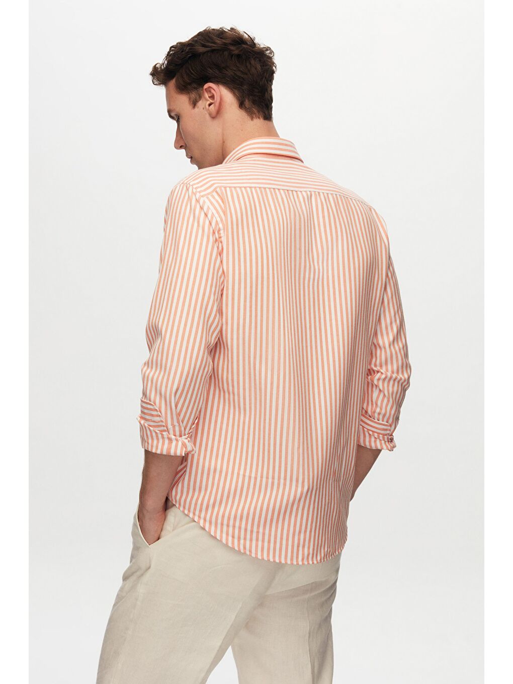 Slim Fit Turuncu Çizgili Gömlek-3