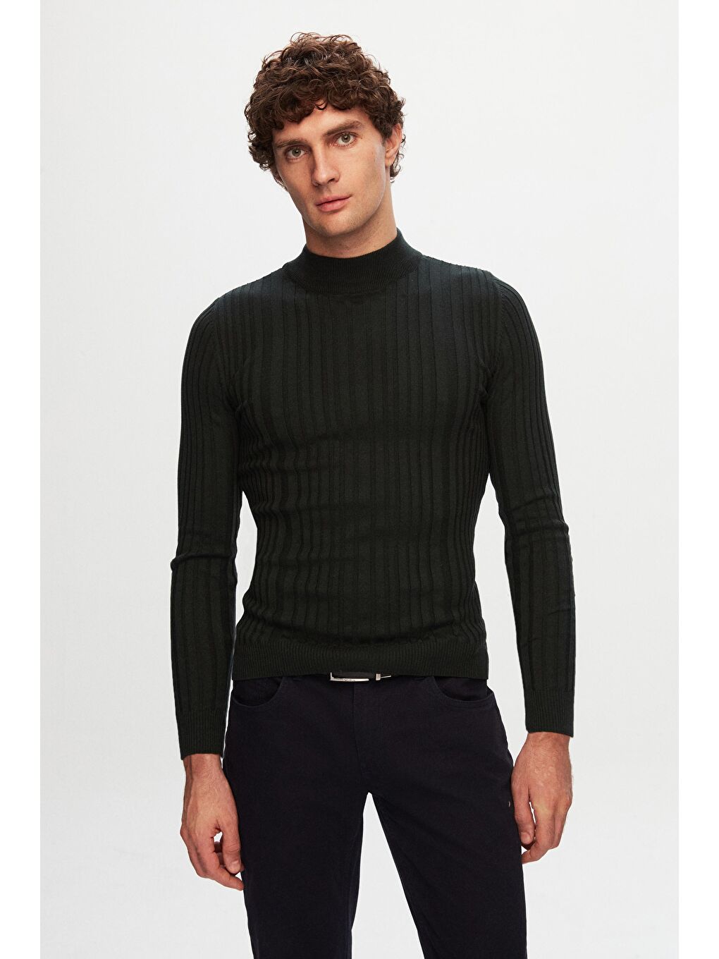 Slim Fit Haki Fitilli Fitilli Pamuk Yarım Balıkçı Triko Kazak