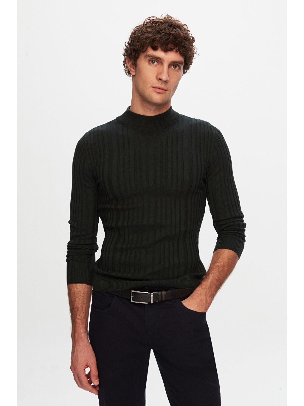 Slim Fit Haki Fitilli Fitilli Pamuk Yarım Balıkçı Triko Kazak-1