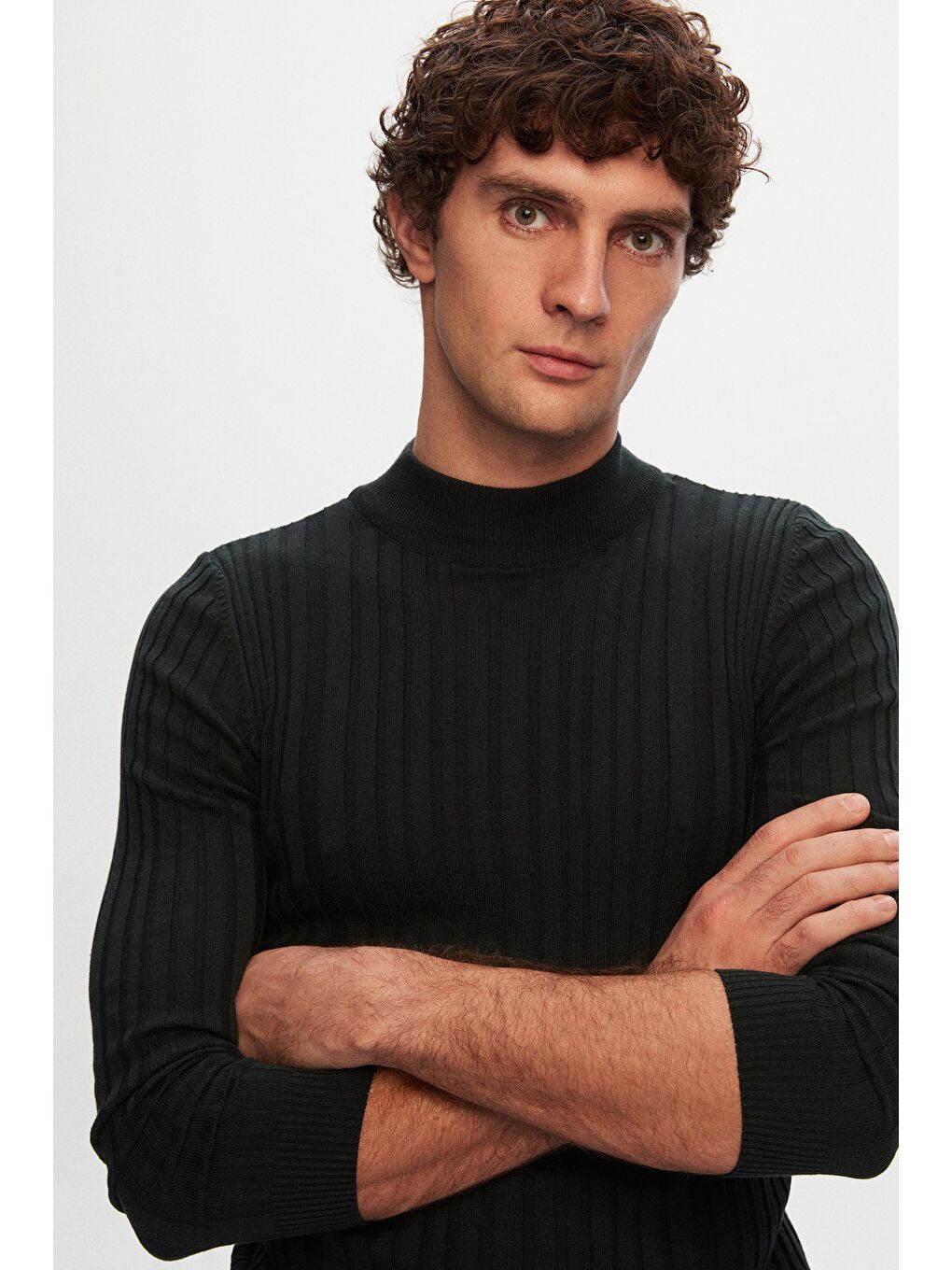 Slim Fit Haki Fitilli Fitilli Pamuk Yarım Balıkçı Triko Kazak-2