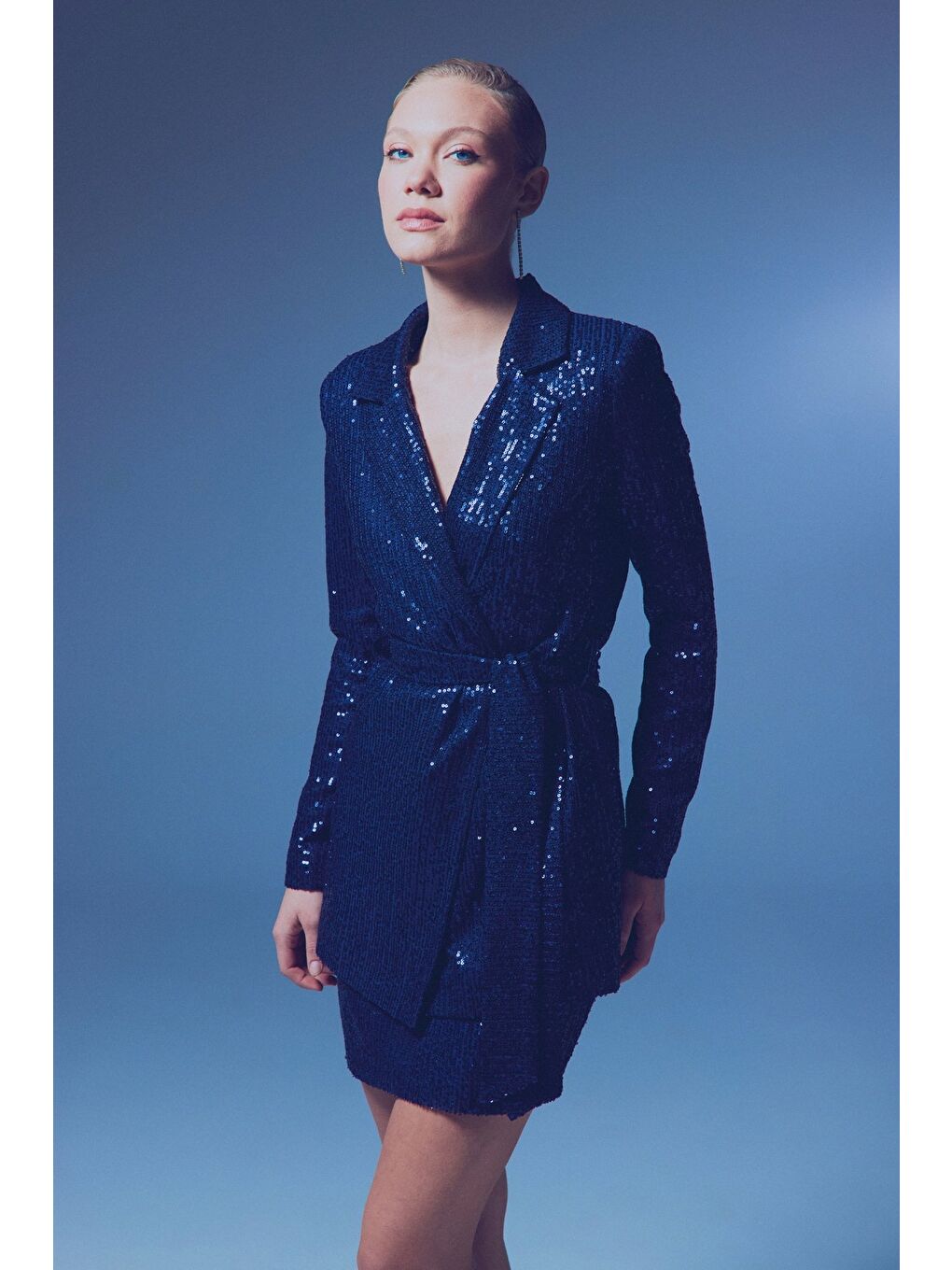 Kuşaklı Payet Ceket - Lacivert-5