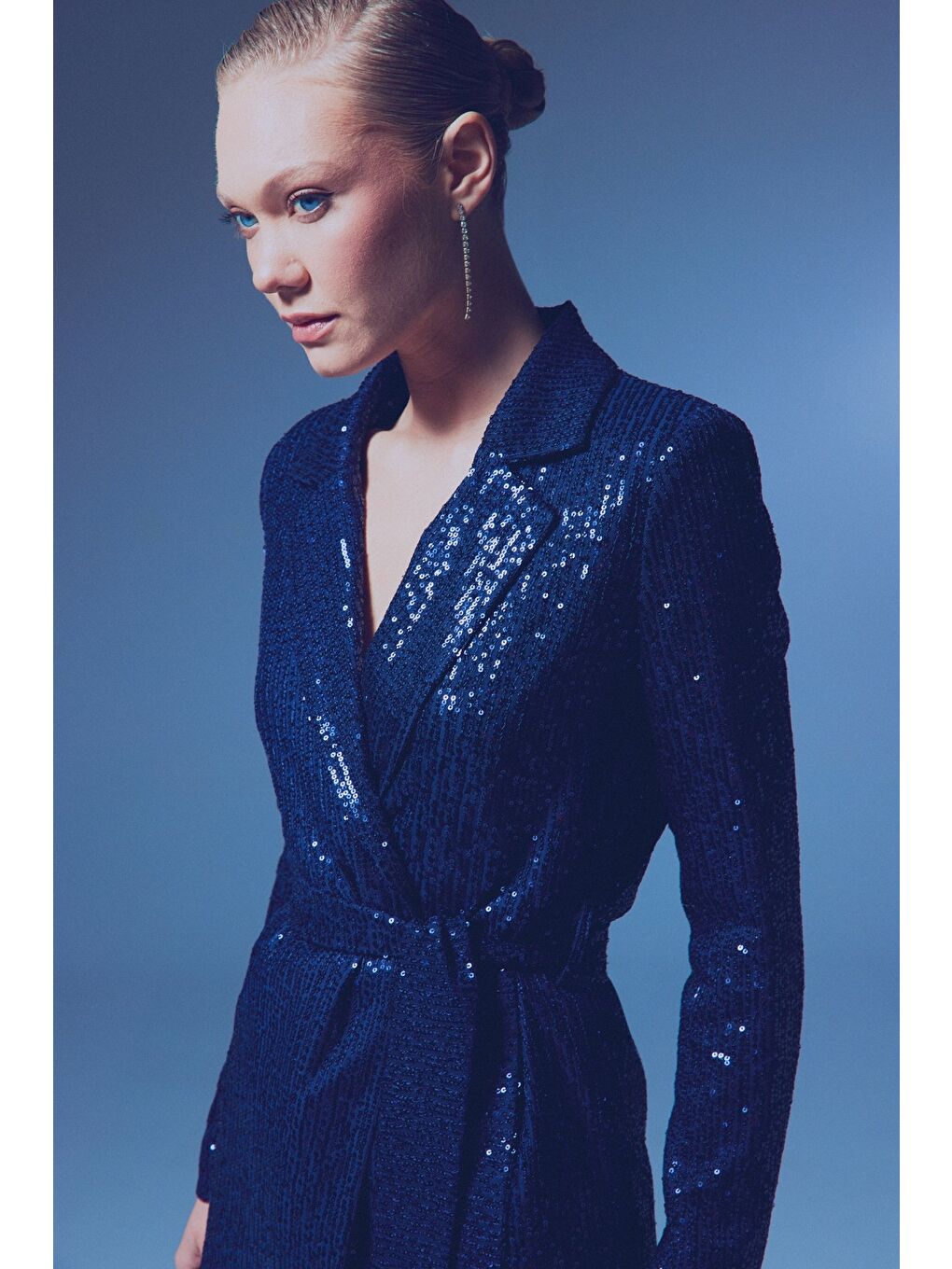 Kuşaklı Payet Ceket - Lacivert-6