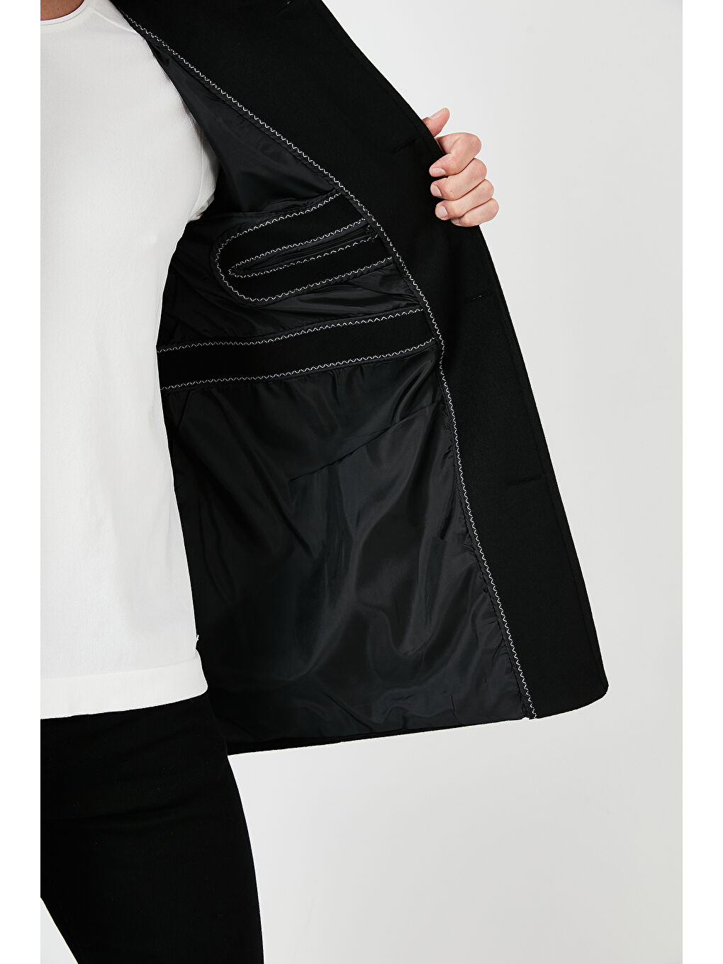 Siyah Slim Fit Düğmeli Dik Yaka Erkek Kaşe Kaban 5840099-5