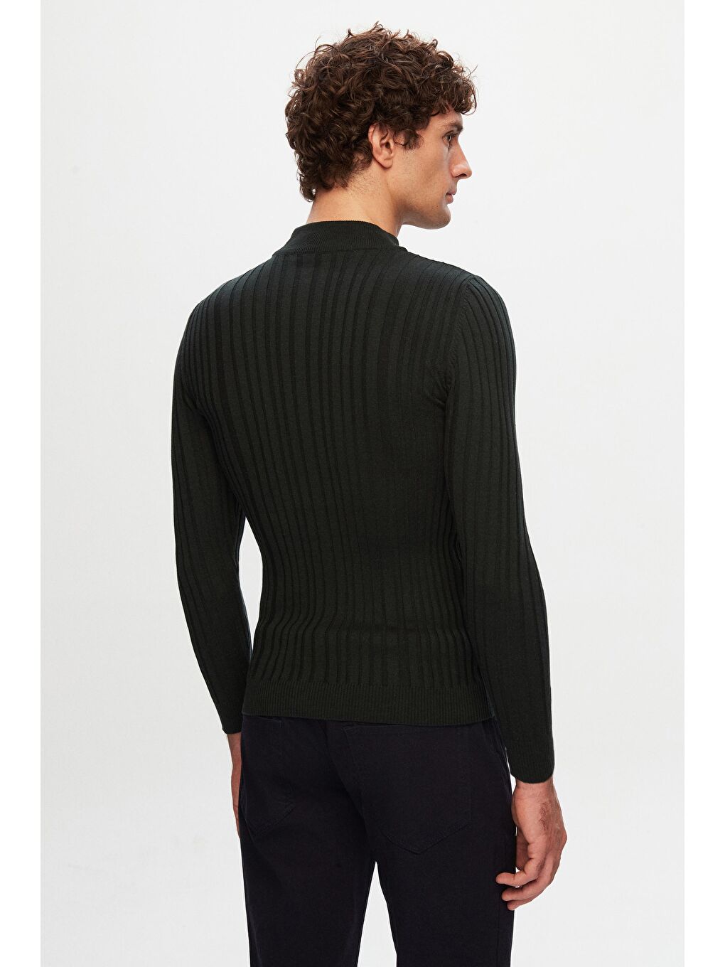 Slim Fit Haki Fitilli Fitilli Pamuk Yarım Balıkçı Triko Kazak-3