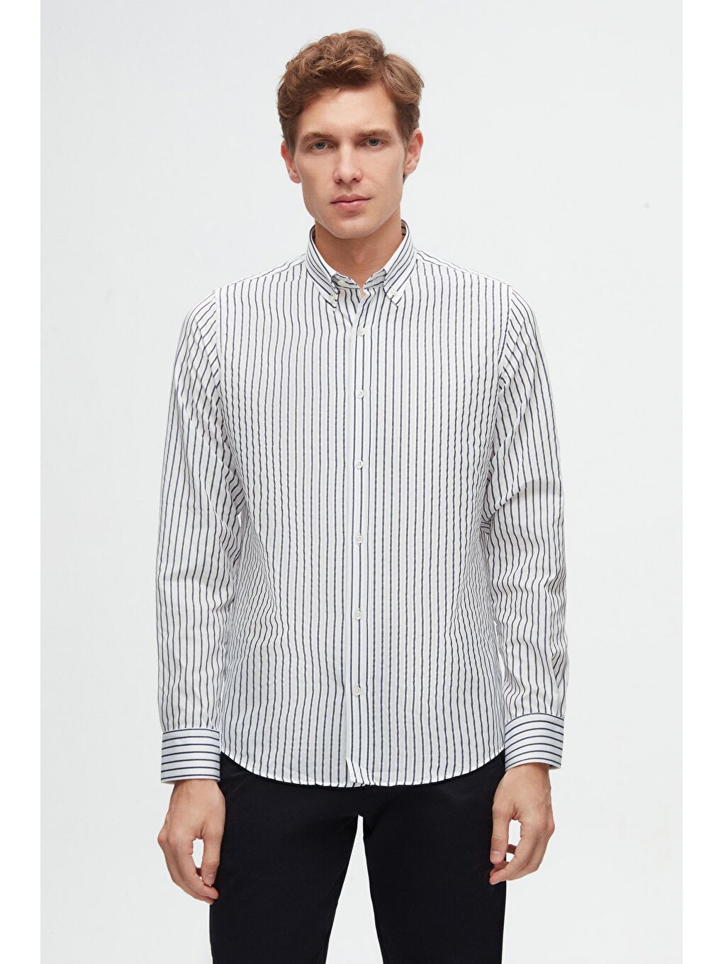 Slim Fit Açık Mavi Çizgili Gömlek