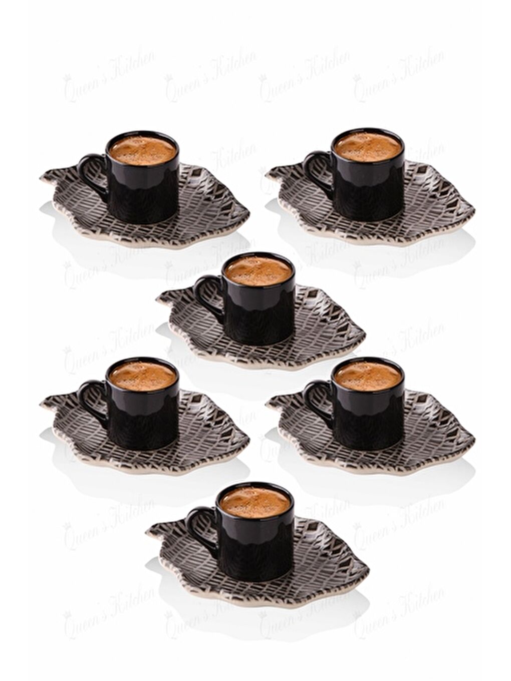Renksiz Queen's Kitchen 6 Kişilik Yaprak İkramlıklı Türk Kahvesi Takımı-Siyah