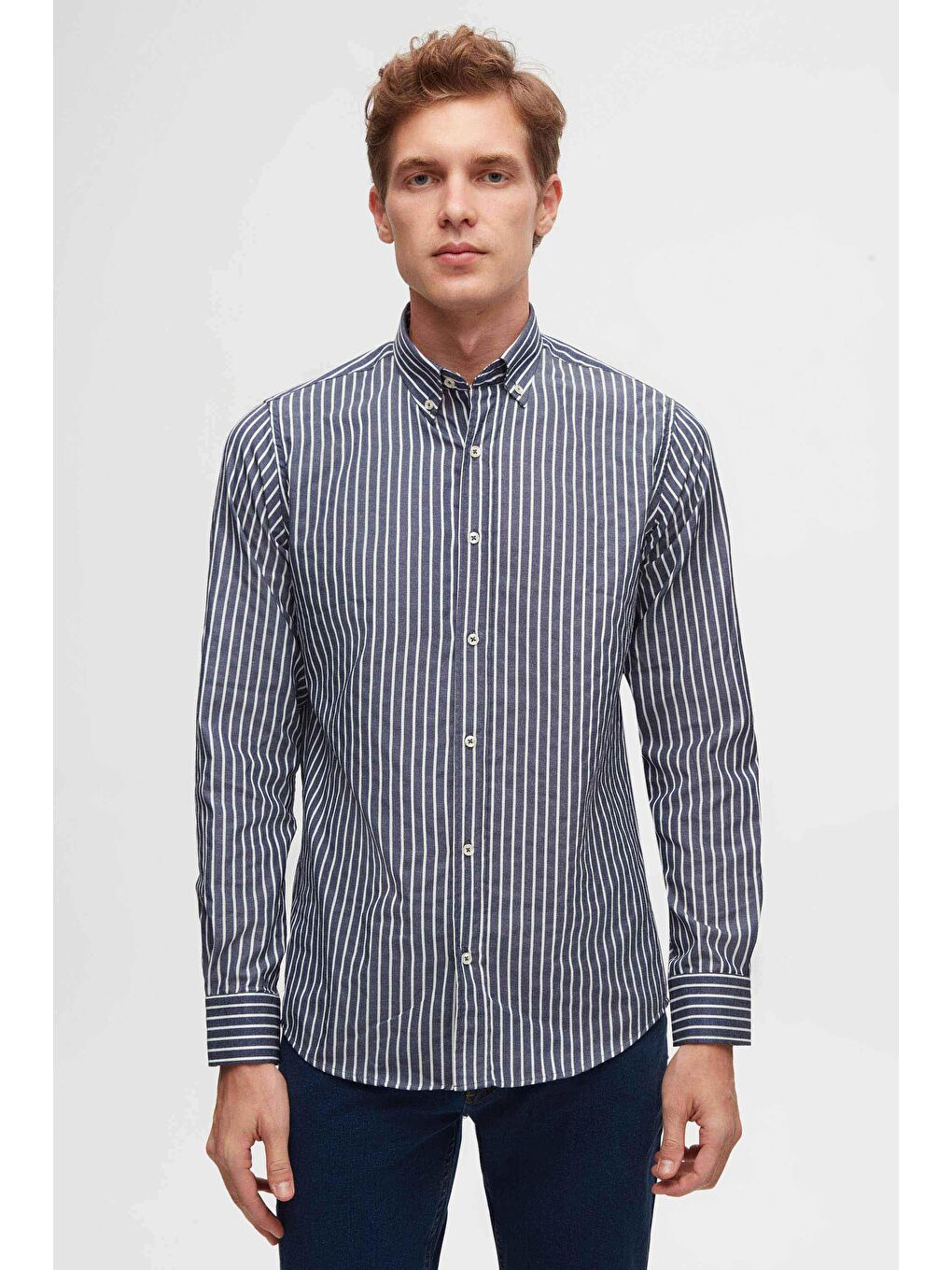 Slim Fit Lacivert Çizgili Gömlek