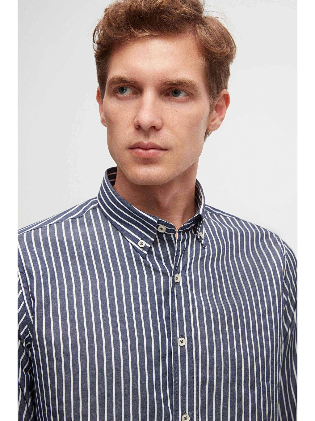 Slim Fit Lacivert Çizgili Gömlek-1