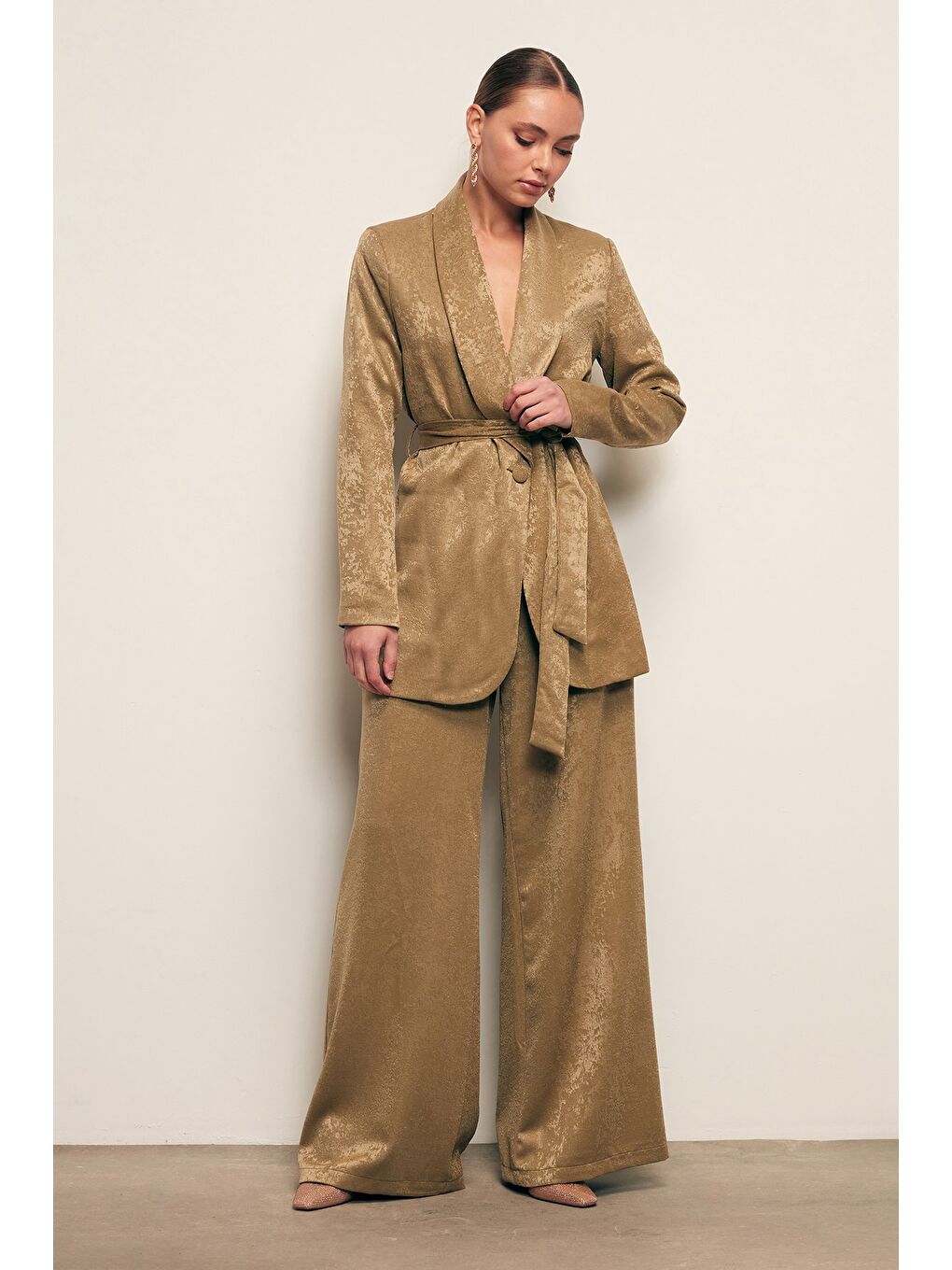 Kuşaklı Uzun Ceket - Haki-1