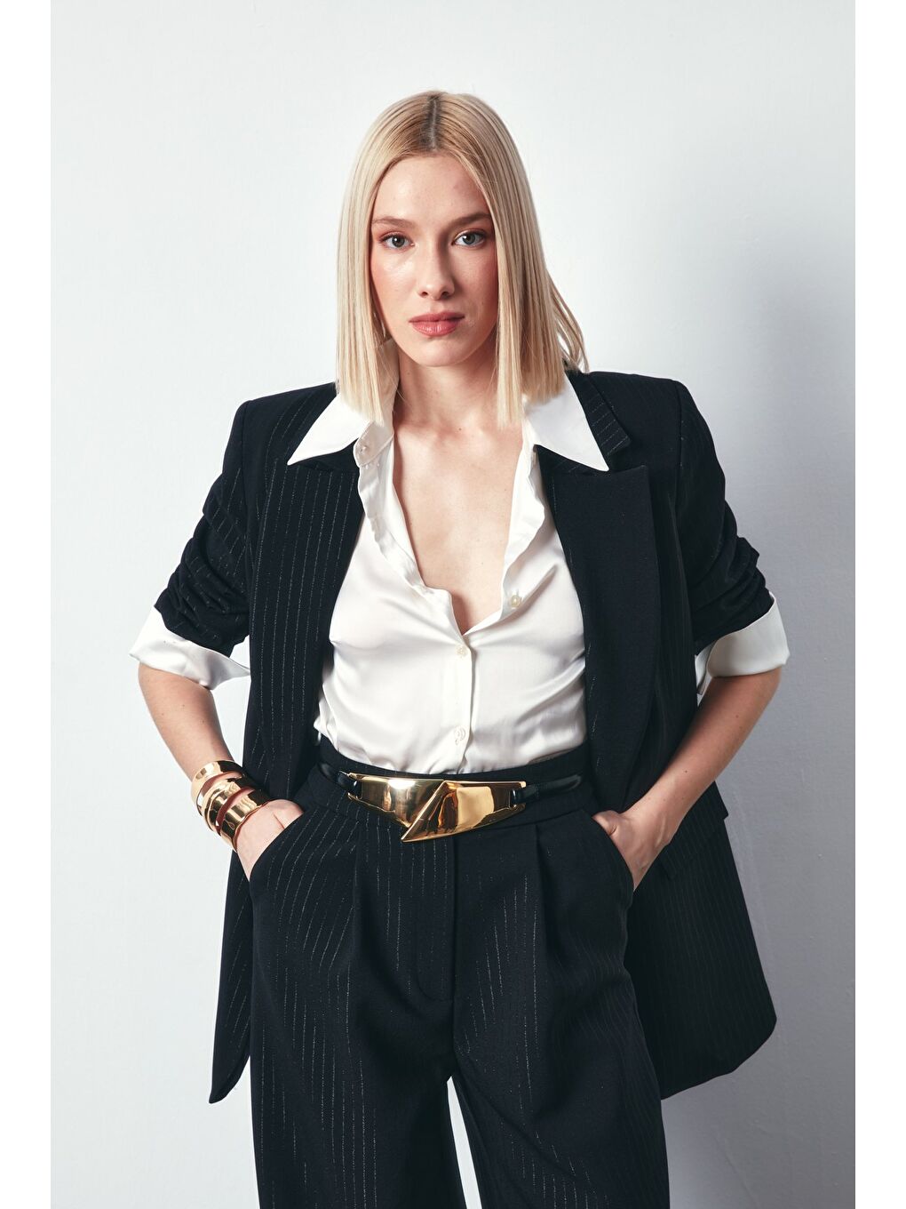 Çizgileri Parlak Salaş Ceket - Siyah