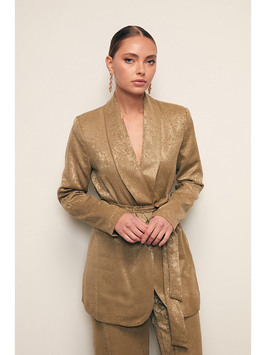 Kuşaklı Uzun Ceket - Haki-2