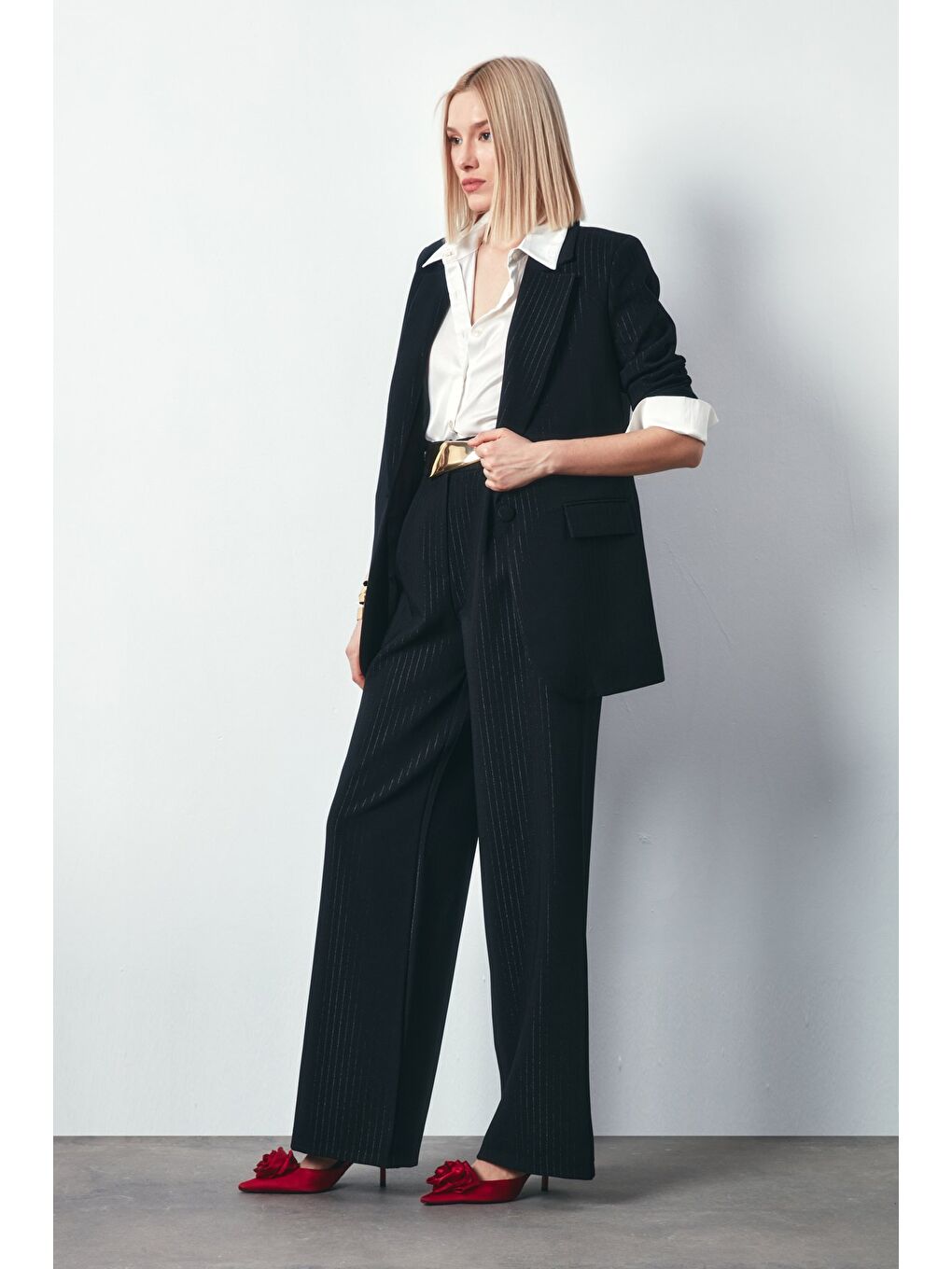 Çizgileri Parlak Salaş Ceket - Siyah-1