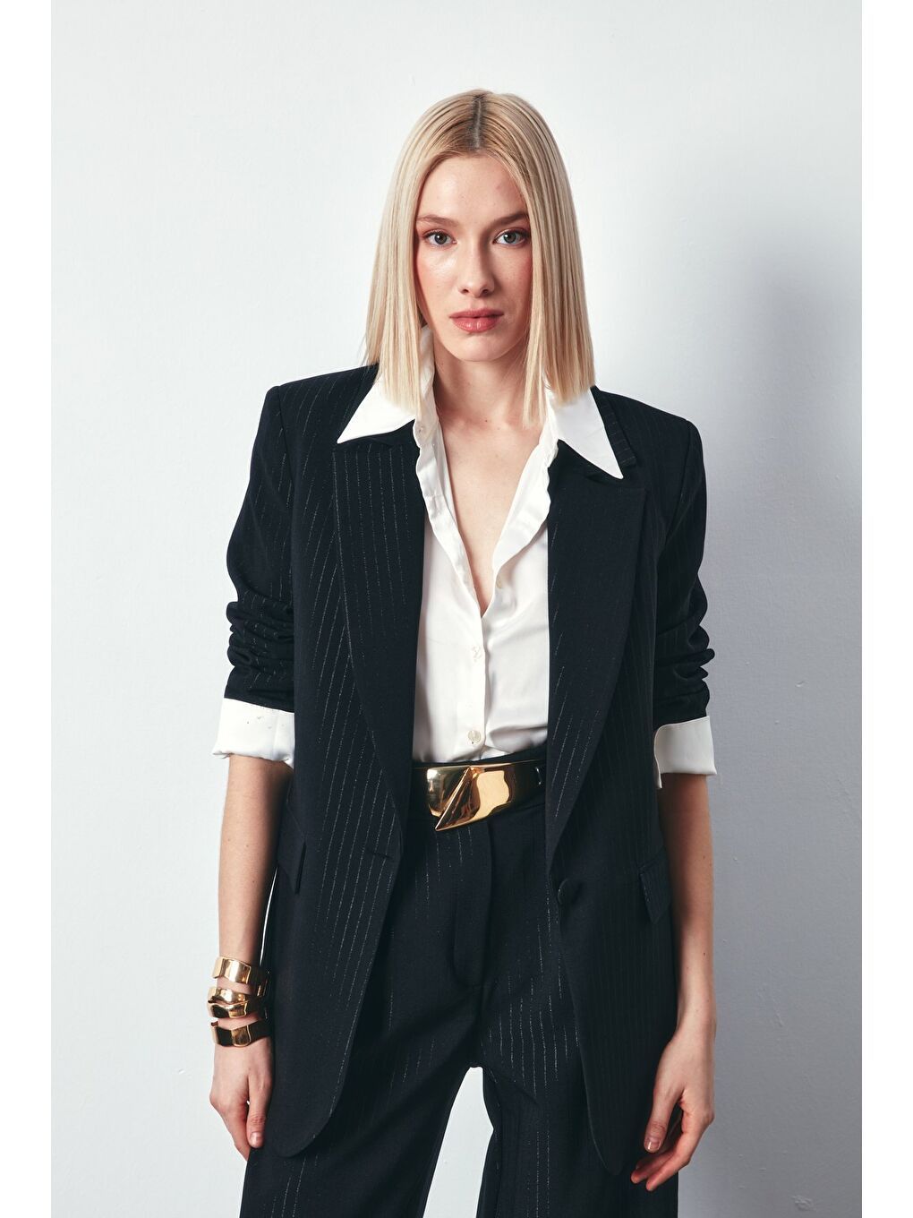 Çizgileri Parlak Salaş Ceket - Siyah-2