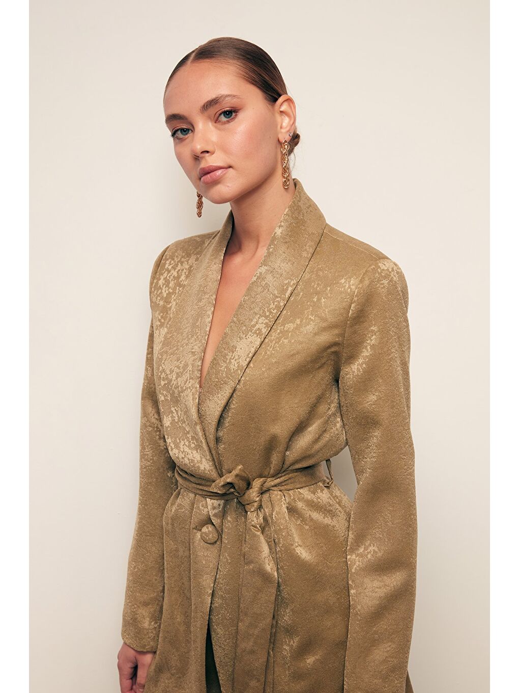 Kuşaklı Uzun Ceket - Haki-4