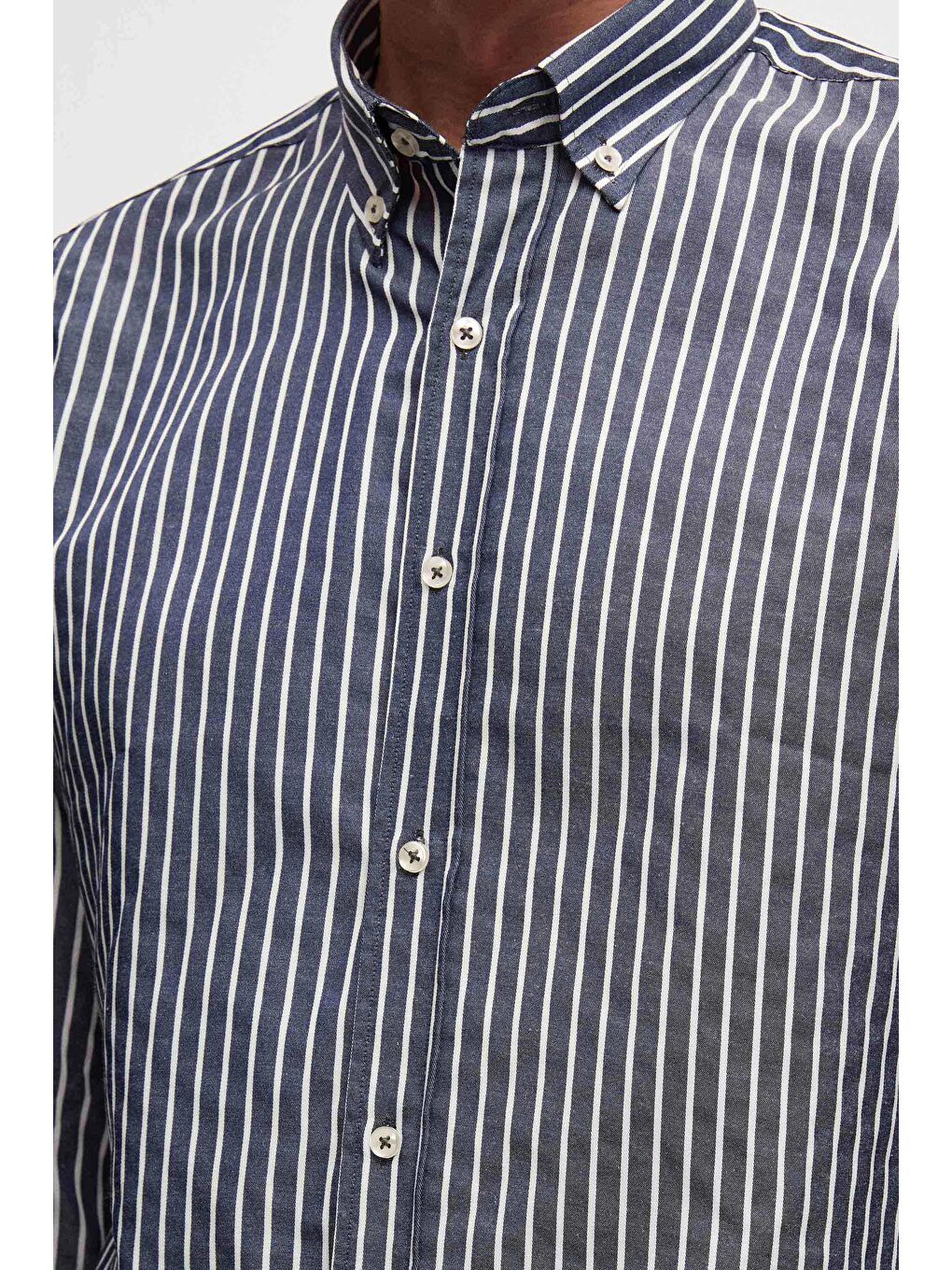 Slim Fit Lacivert Çizgili Gömlek-3