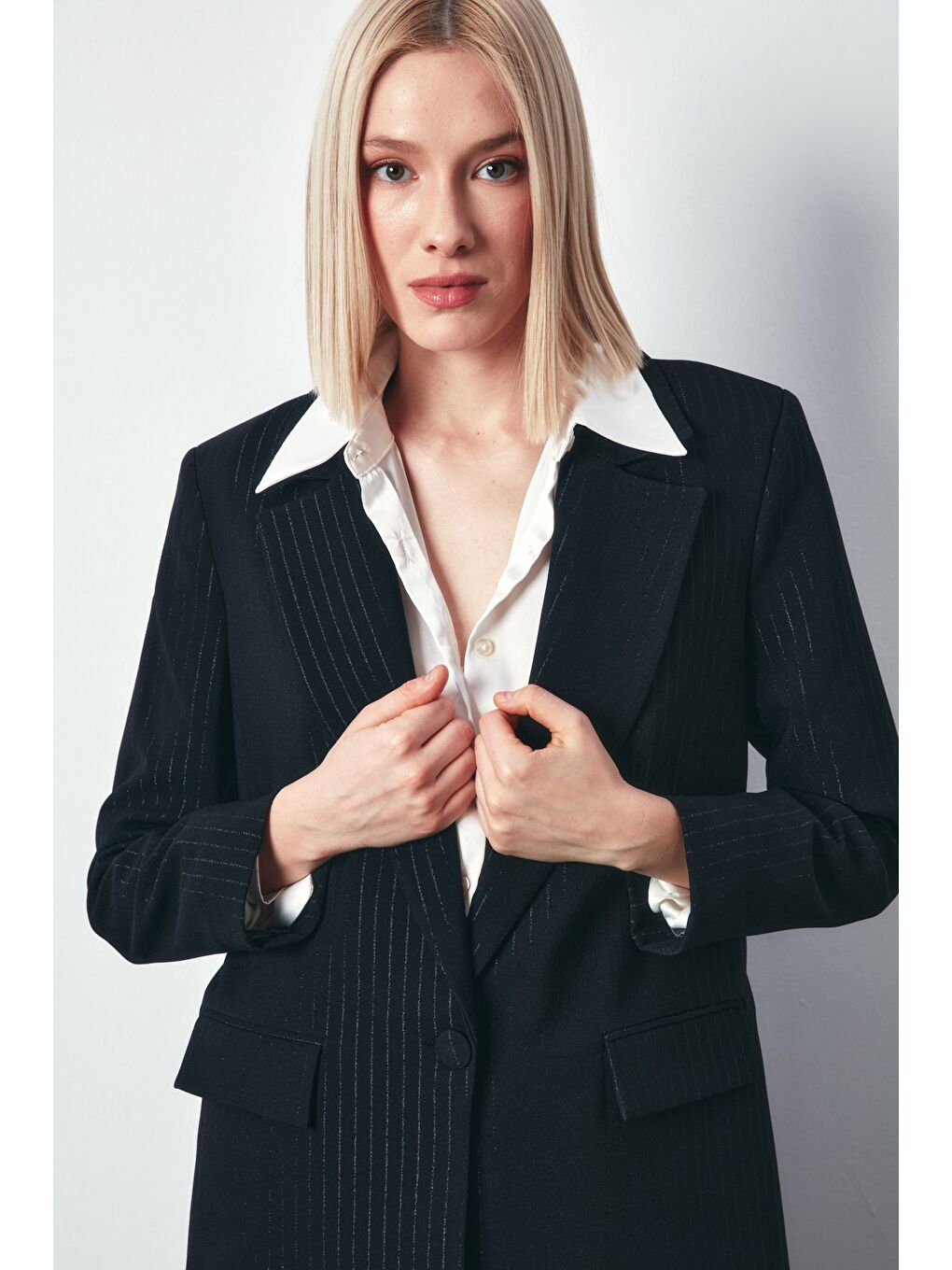 Çizgileri Parlak Salaş Ceket - Siyah-4