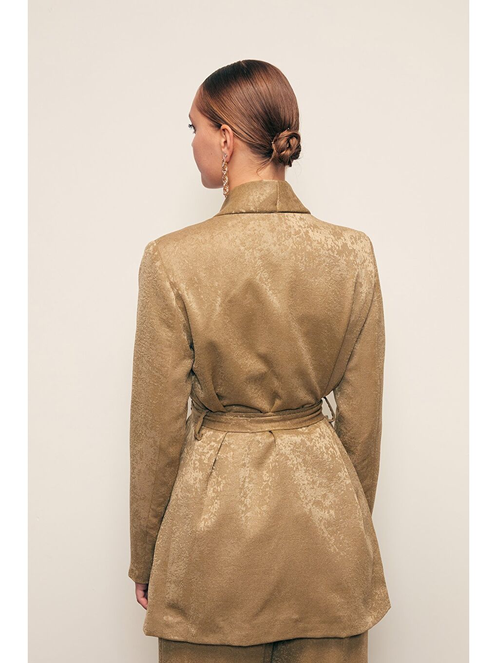 Kuşaklı Uzun Ceket - Haki-5