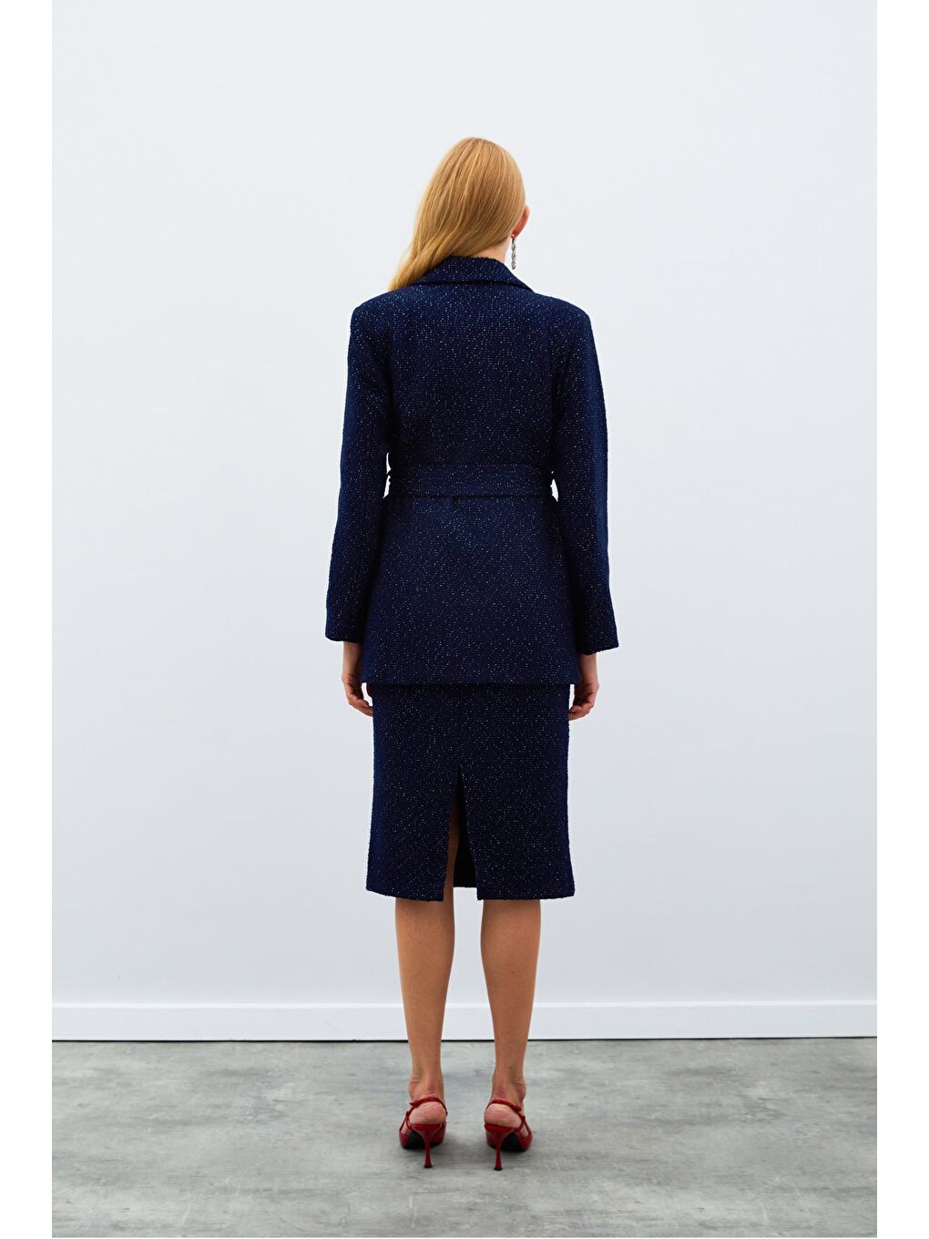 Kuşaklı Tüvit Ceket - Lacivert-1