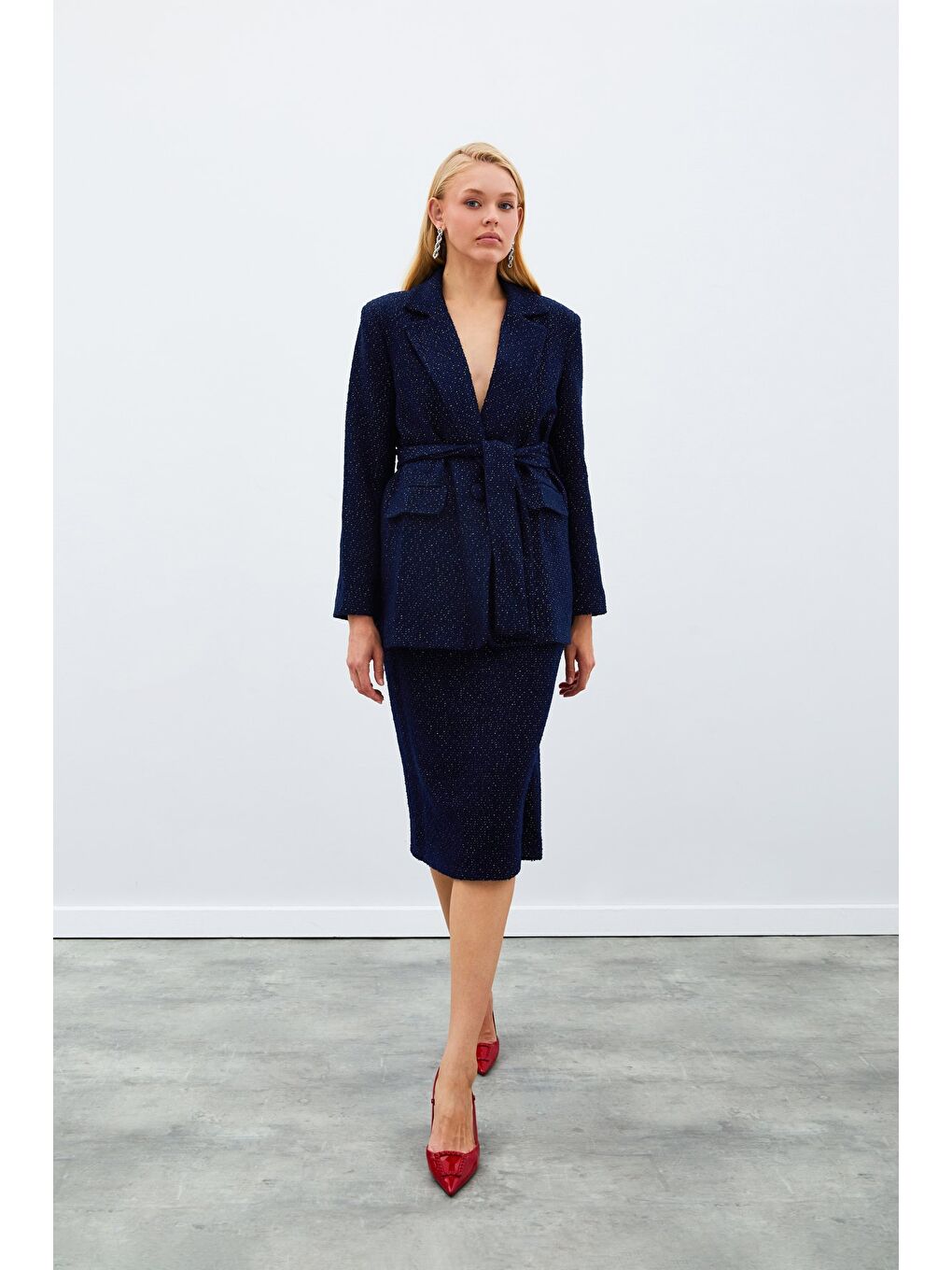 Kuşaklı Tüvit Ceket - Lacivert-2