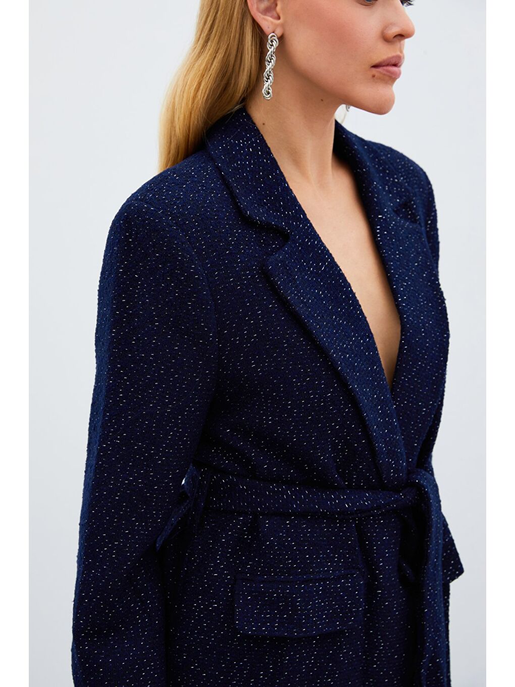 Kuşaklı Tüvit Ceket - Lacivert-3