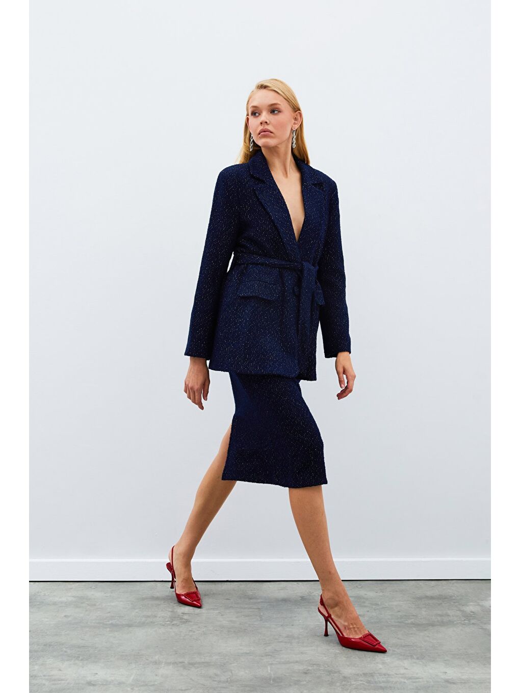 Kuşaklı Tüvit Ceket - Lacivert-4